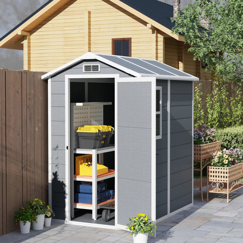 Resin Garden Shed with Floor, Lockable Door and Window, 1.3 x 1.8 m, Grey