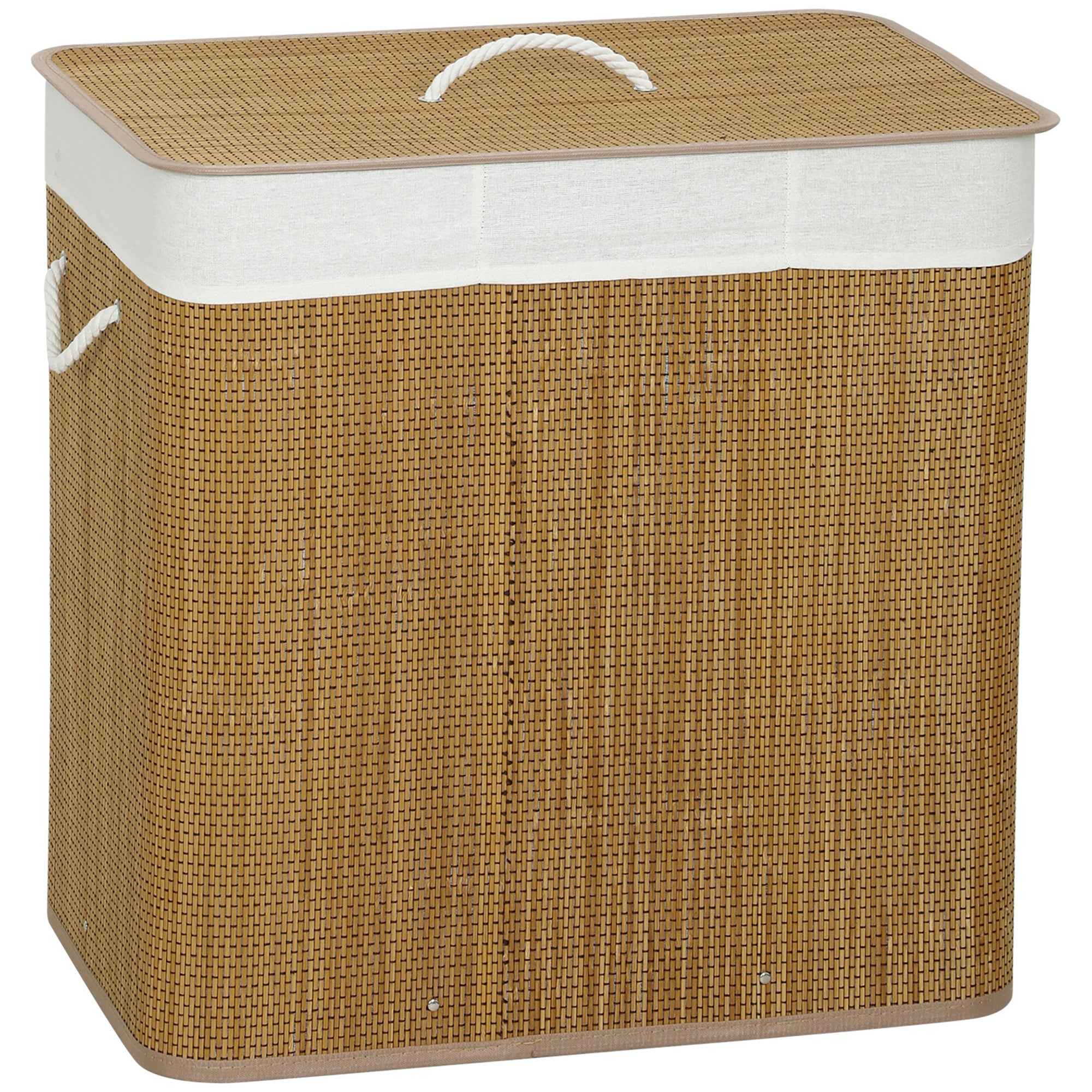 HOMCOM Bamboo Laundry Hamper with Lid, 144L, 3 Compartments, Removable and Washable Bag, Handles, Brown