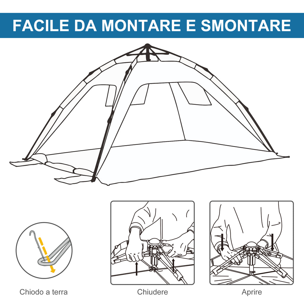 Pop Up Beach Tent with Zipper Door, in Polyester and Fiberglass, 220x173x120 cm, Sky Blue and Gray