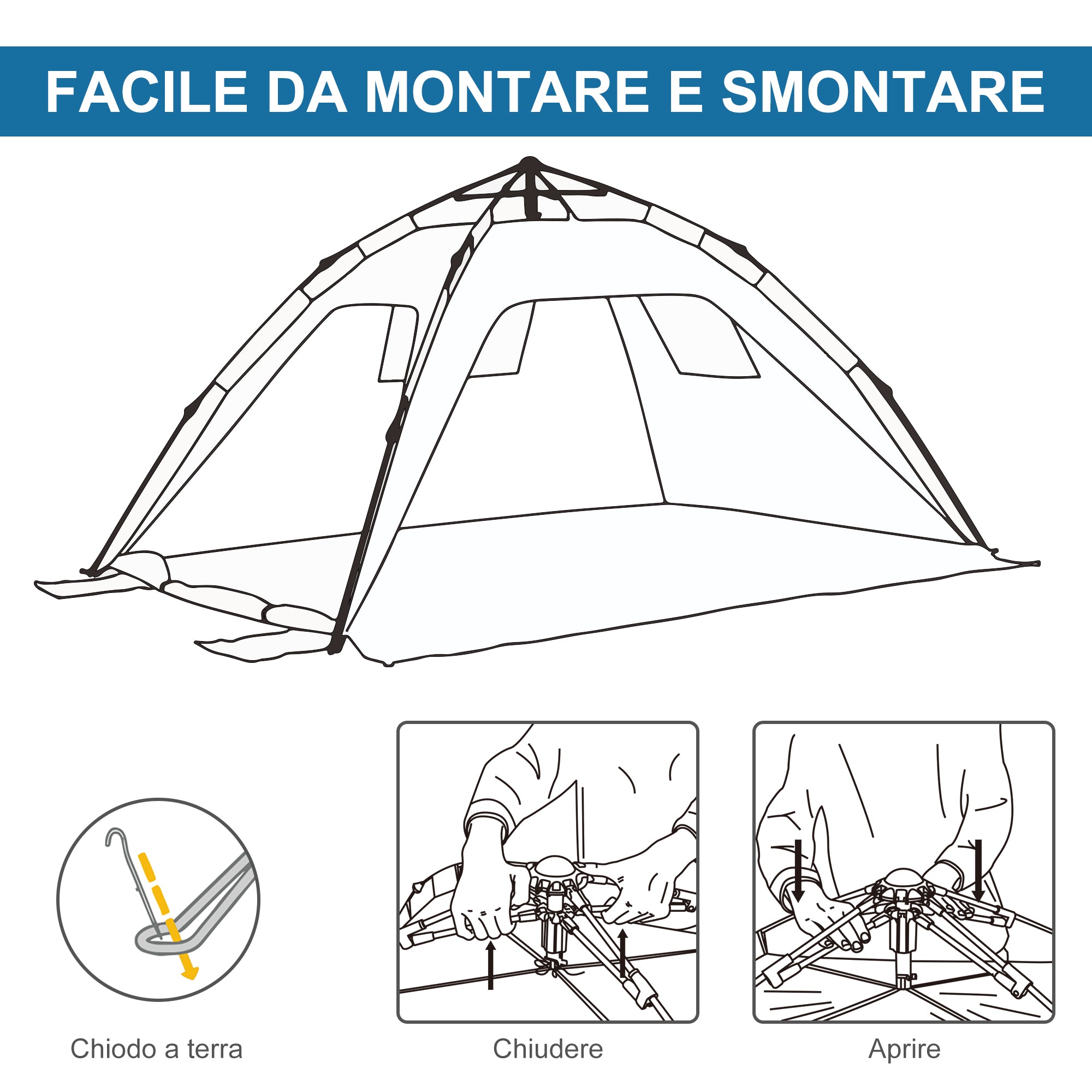 Pop Up Beach Tent with Zipper Door, in Polyester and Fiberglass, 220x173x120 cm, Sky Blue and Gray