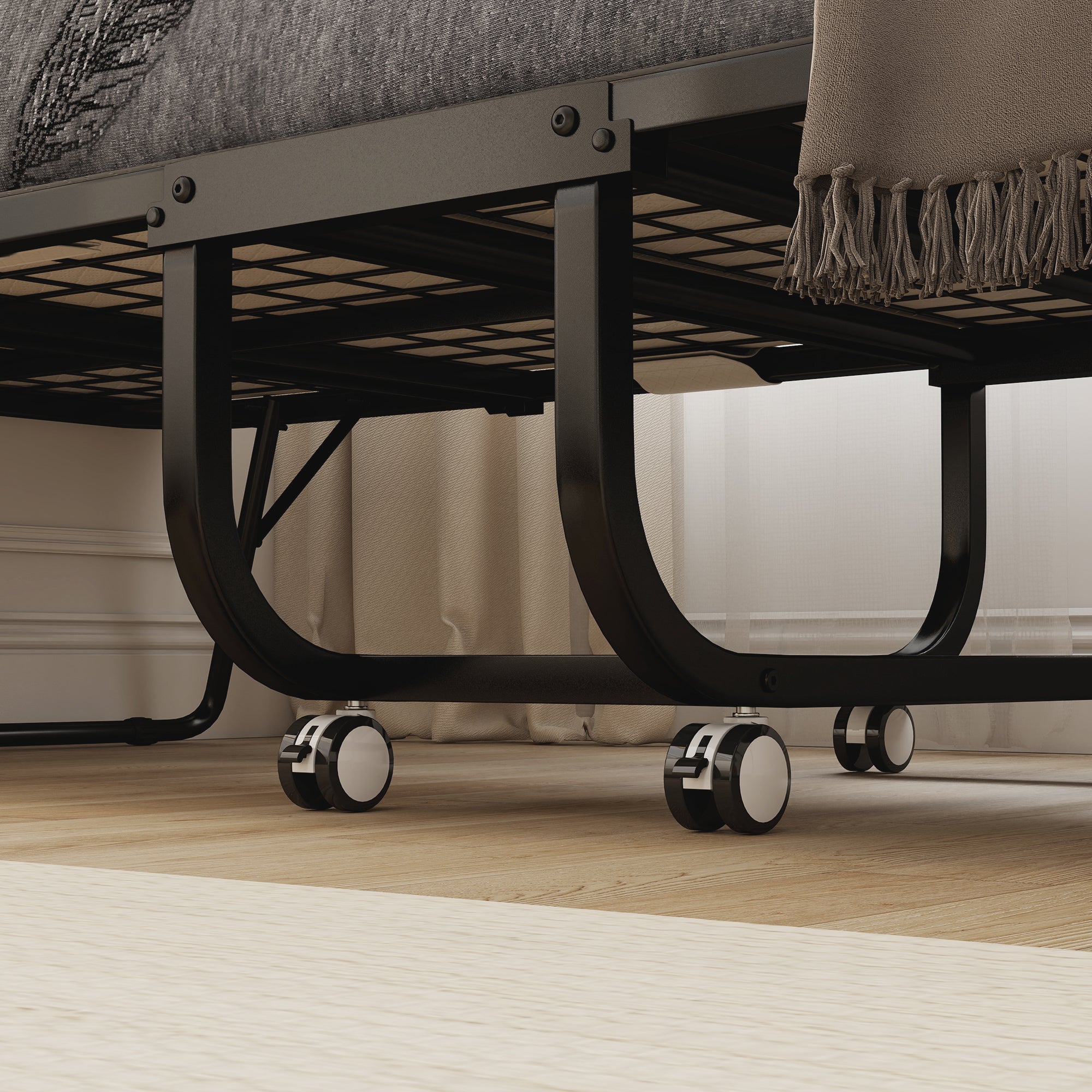 Folding Single Bed 90x200cm with 10cm Thick Mattress, Metal Base and Wheels with Brakes, Black