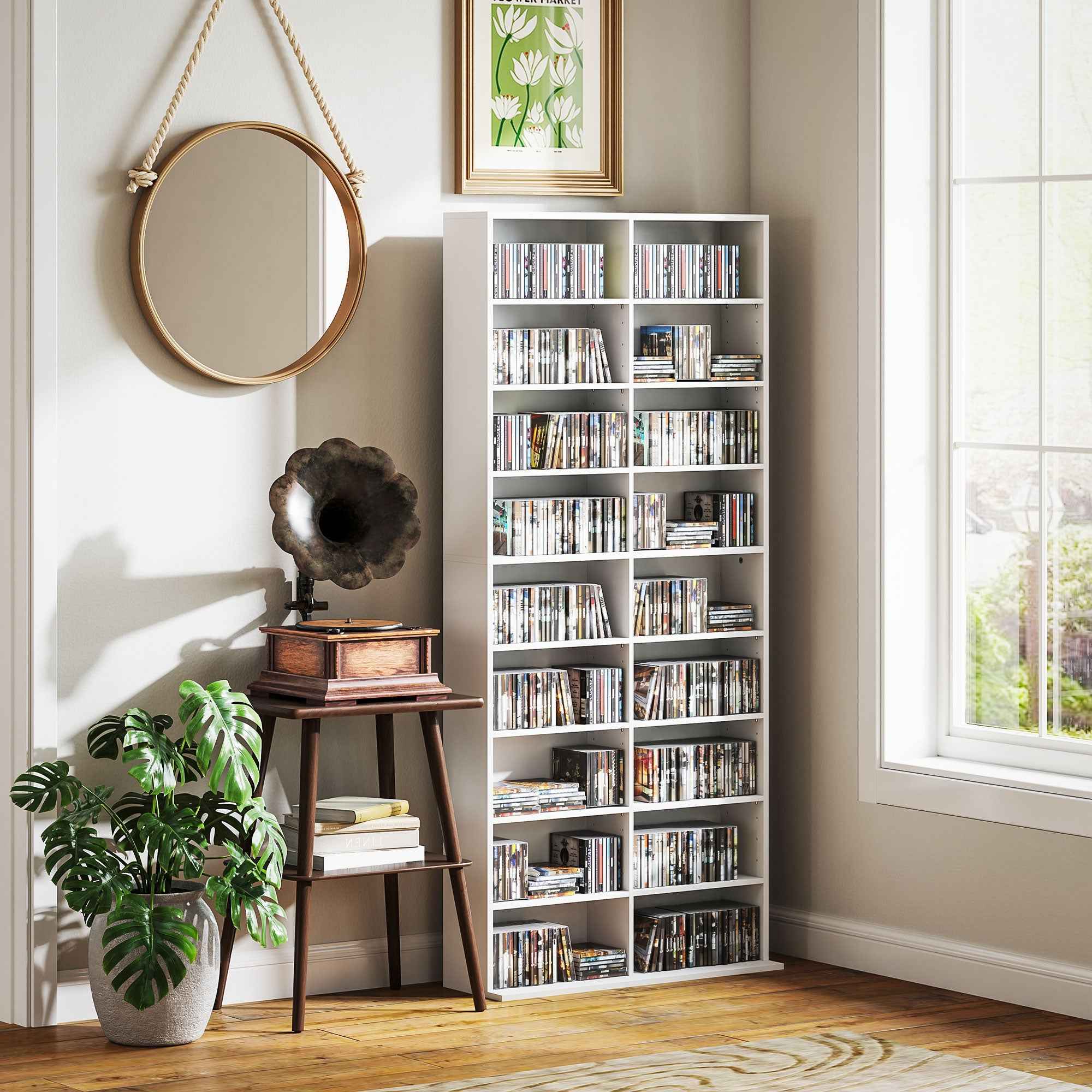 HOMCOM CD and DVD Shelves 18 Compartments Max. Capacity 640 CDs/360 DVDs 430 Blu-rays 78.5 x 24 x 175 cm White