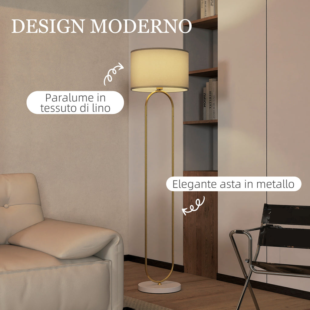 Modern Floor Lamp with Fabric Shade, Double Metal Tube and Foot Switch, Gold