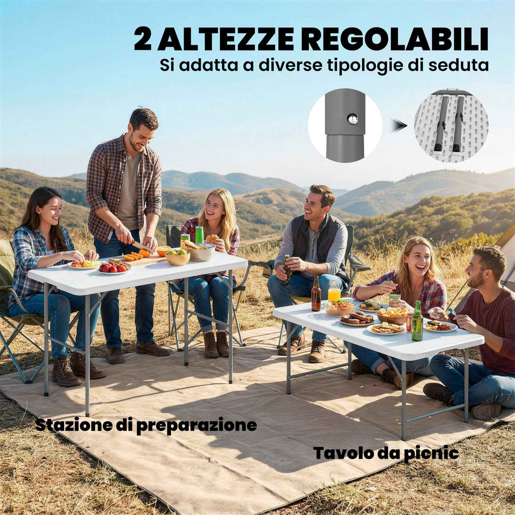 Outsunny 2-Height Folding Camping Table with Handle, HDPE, 120x60x74 cm, White
