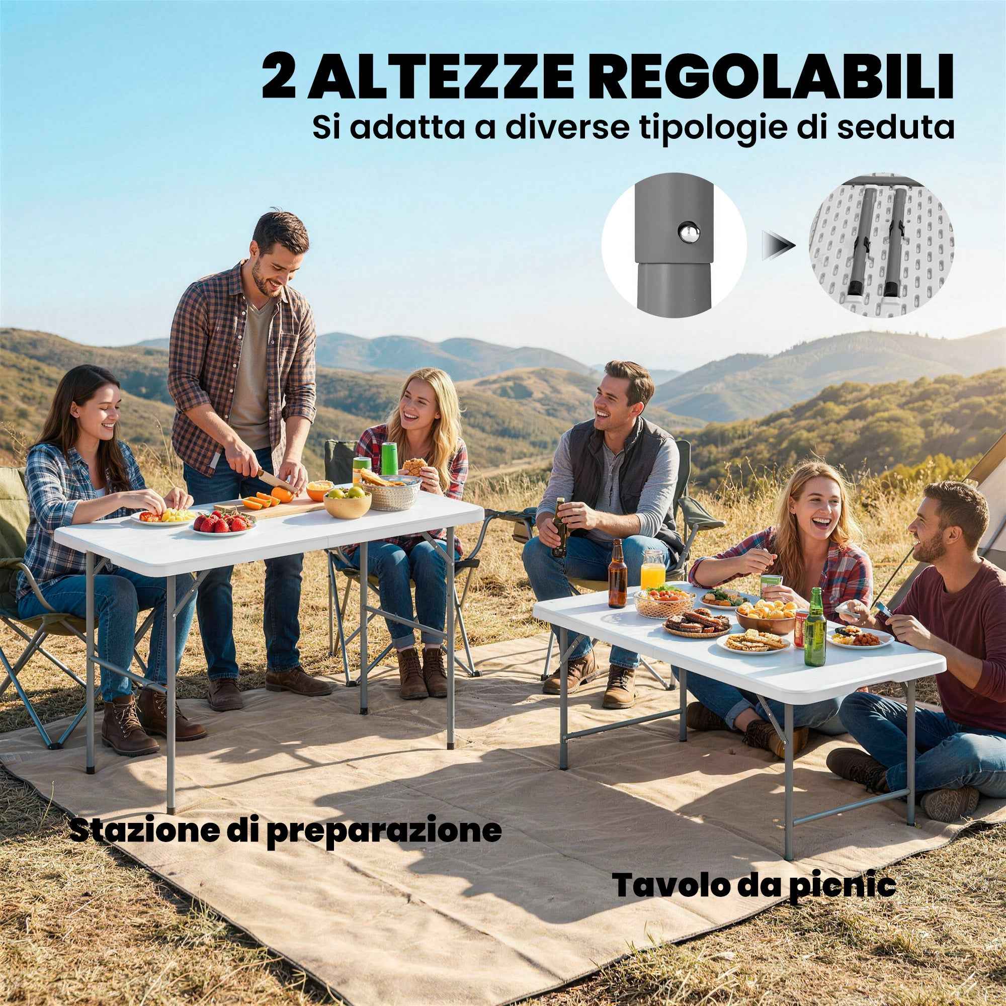 Outsunny 2-Height Folding Camping Table with Handle, HDPE, 120x60x74 cm, White
