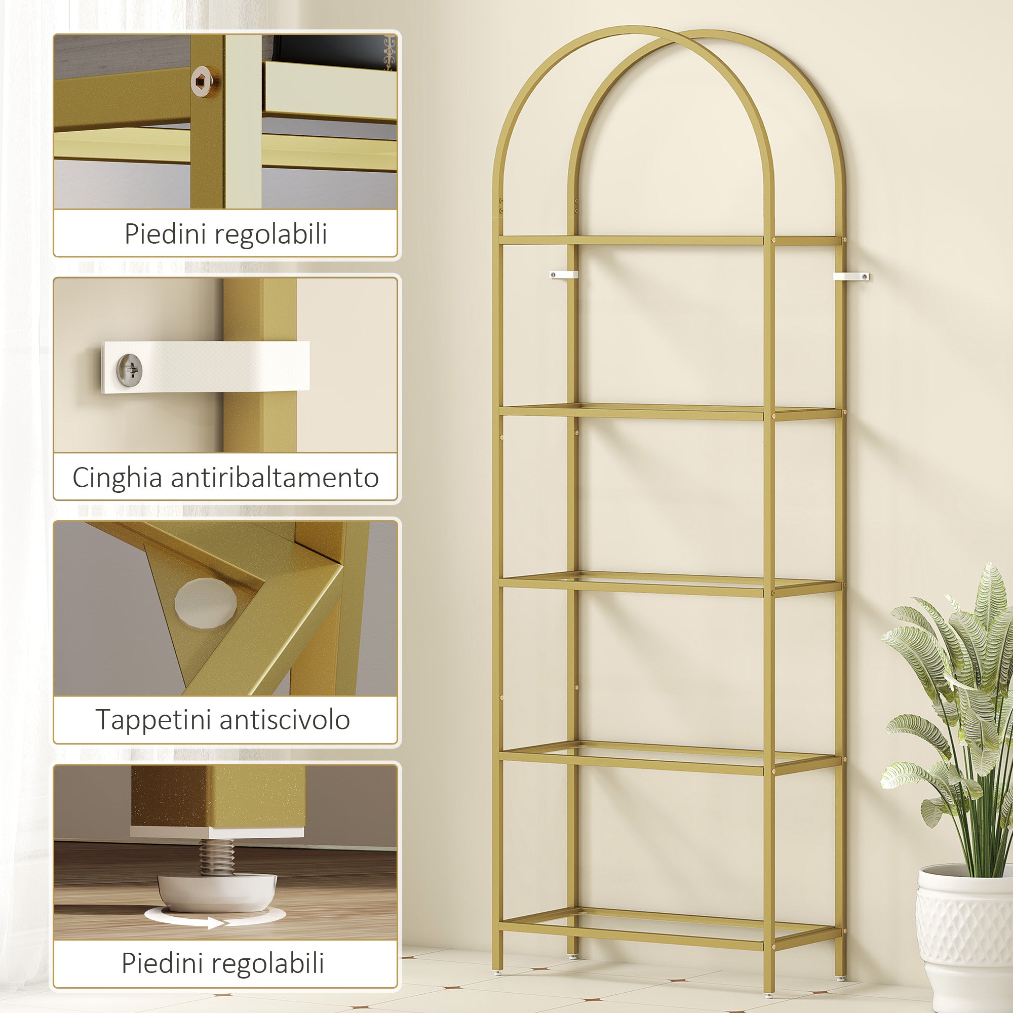 5-Tier Arched Storage Shelf in Steel and Tempered Glass, 60x30x175 cm, Gold