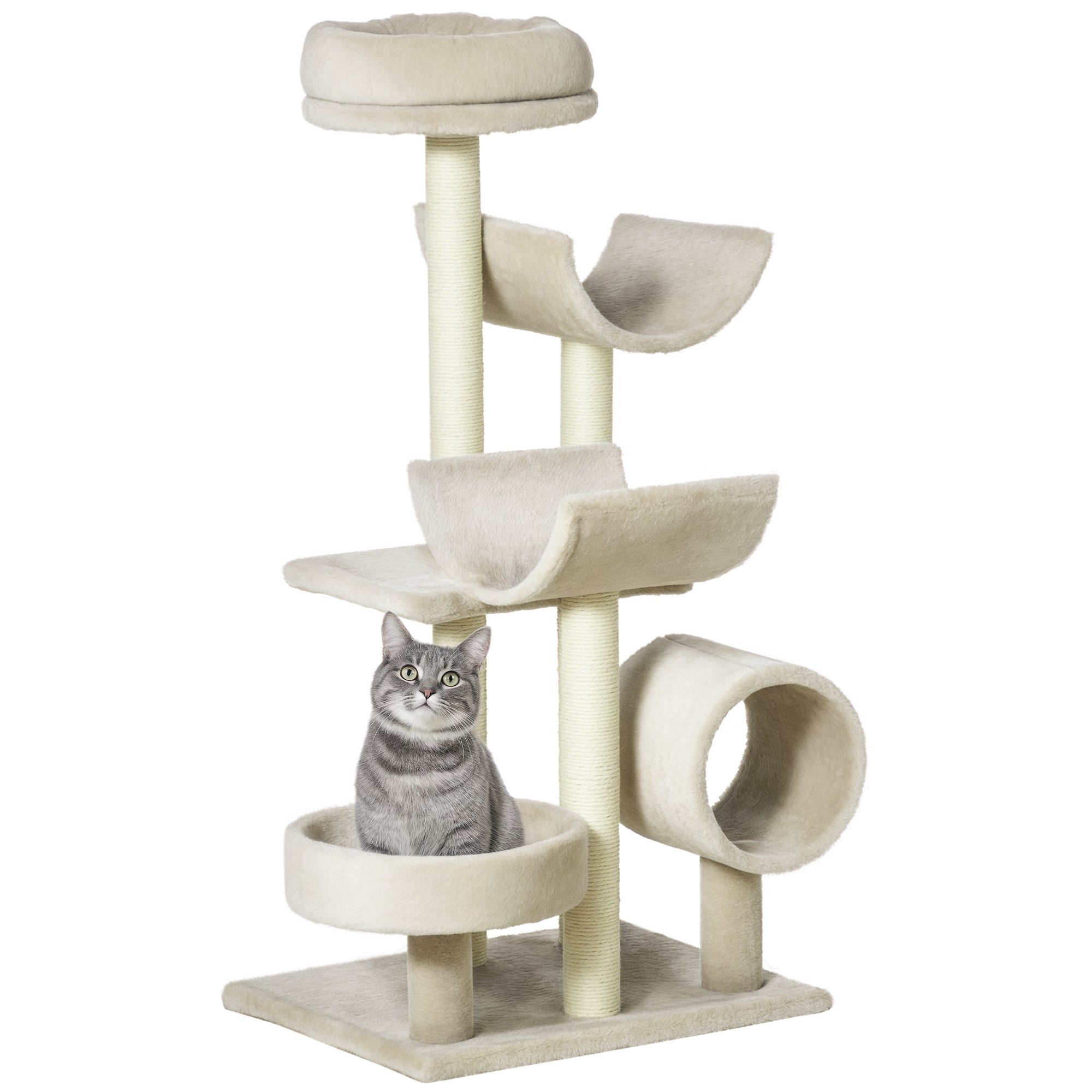 Cat Tree Toy with Different Platforms in Natural Sisal, Height 105cm, Cream