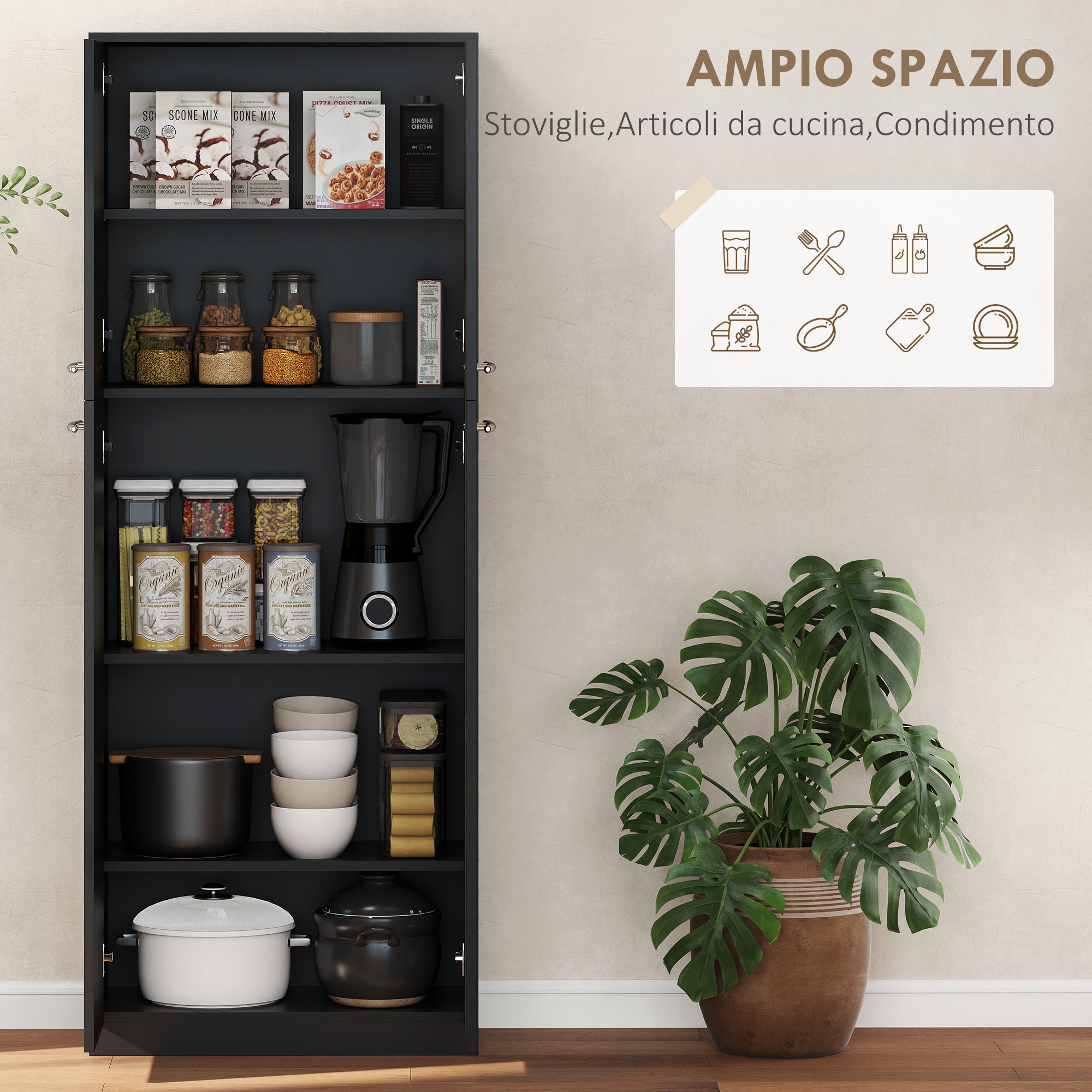 Minimal Storage Unit with 2 Cabinets and Adjustable Shelves, Black Wood, 59x31x155 cm