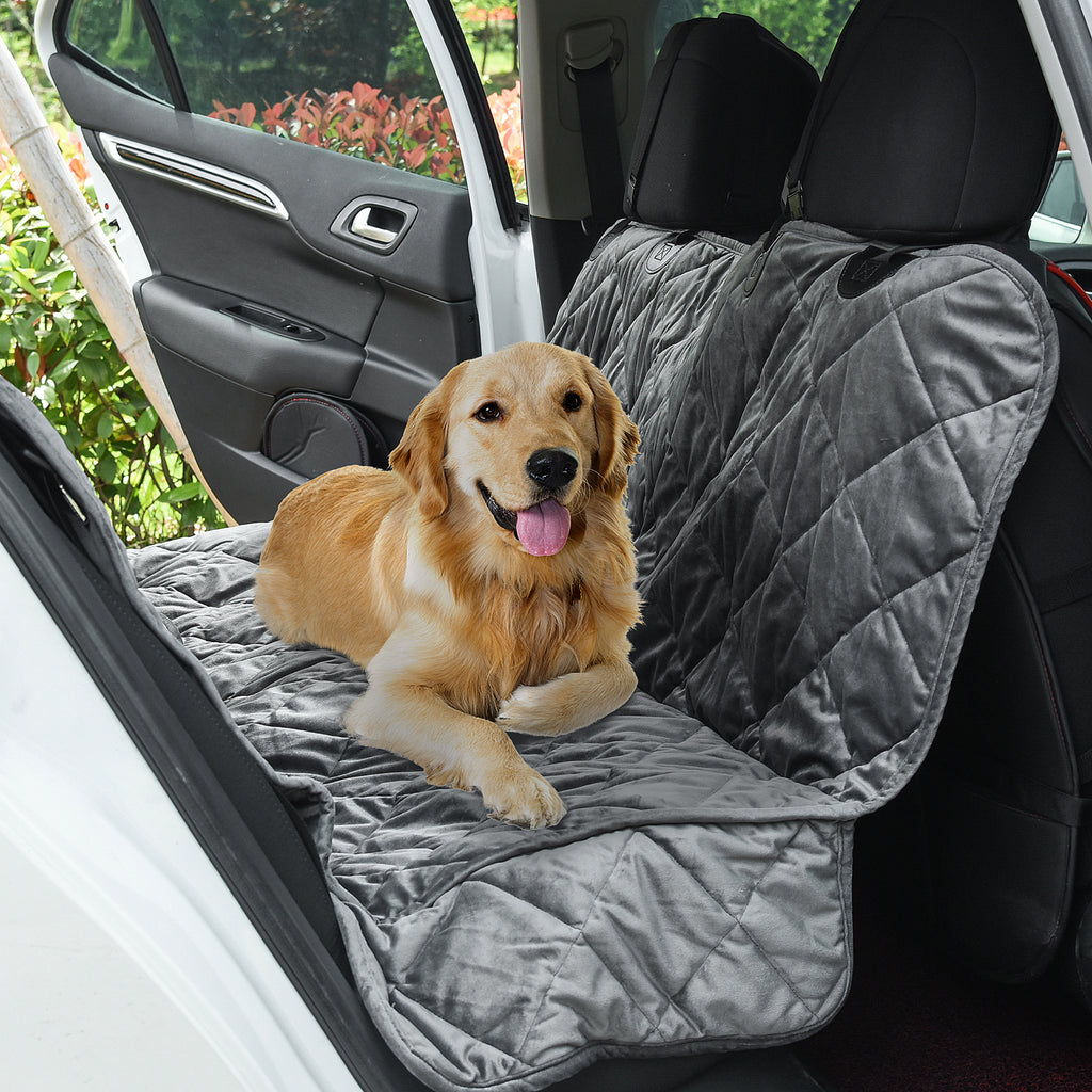 Velvet Dog Car Seat Cover with Non-Slip Backing and Attachment Straps, 160x145cm, Grey
