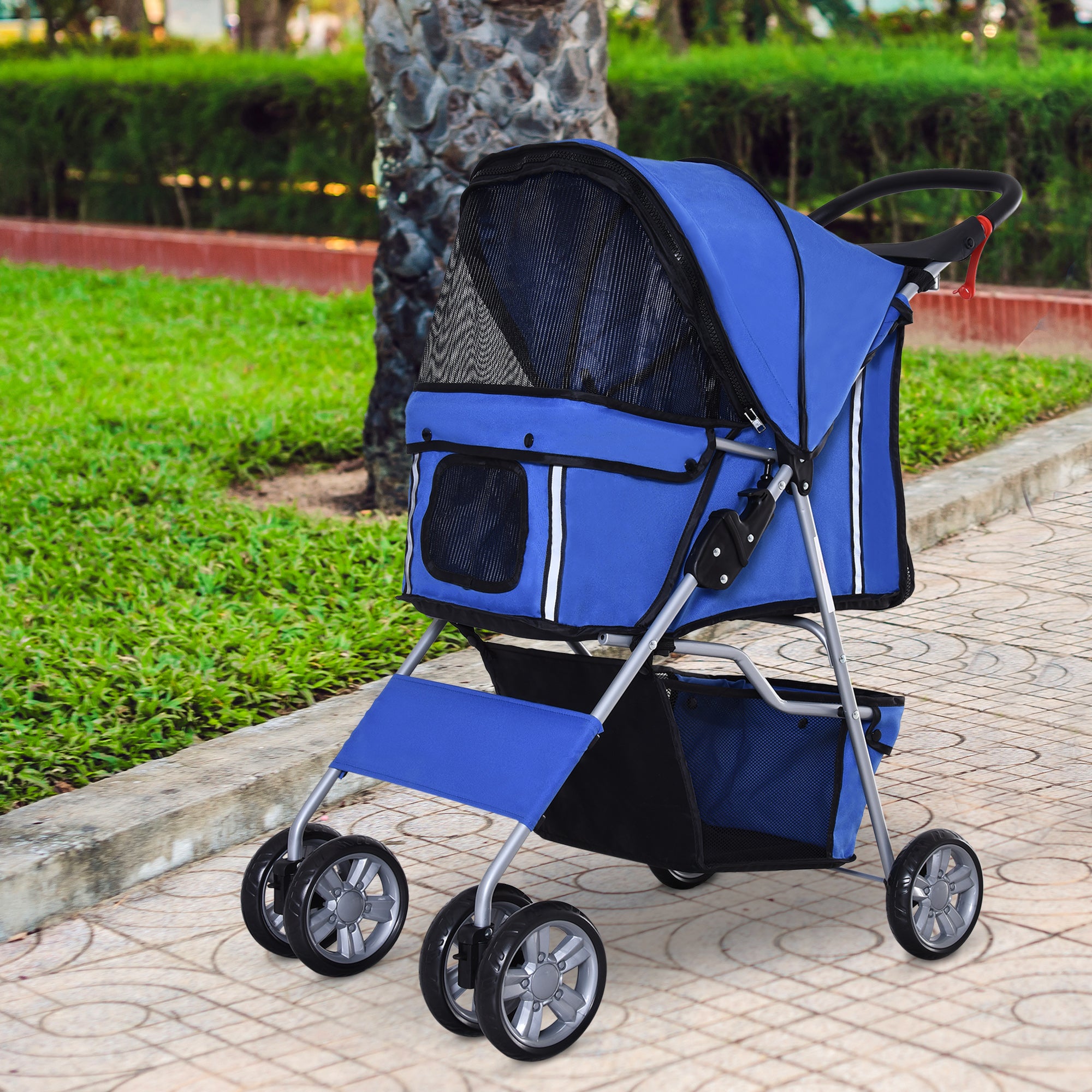 Folding Fabric Dog Stroller with Basket and Cup Holder, 75x45x97 cm, Blue