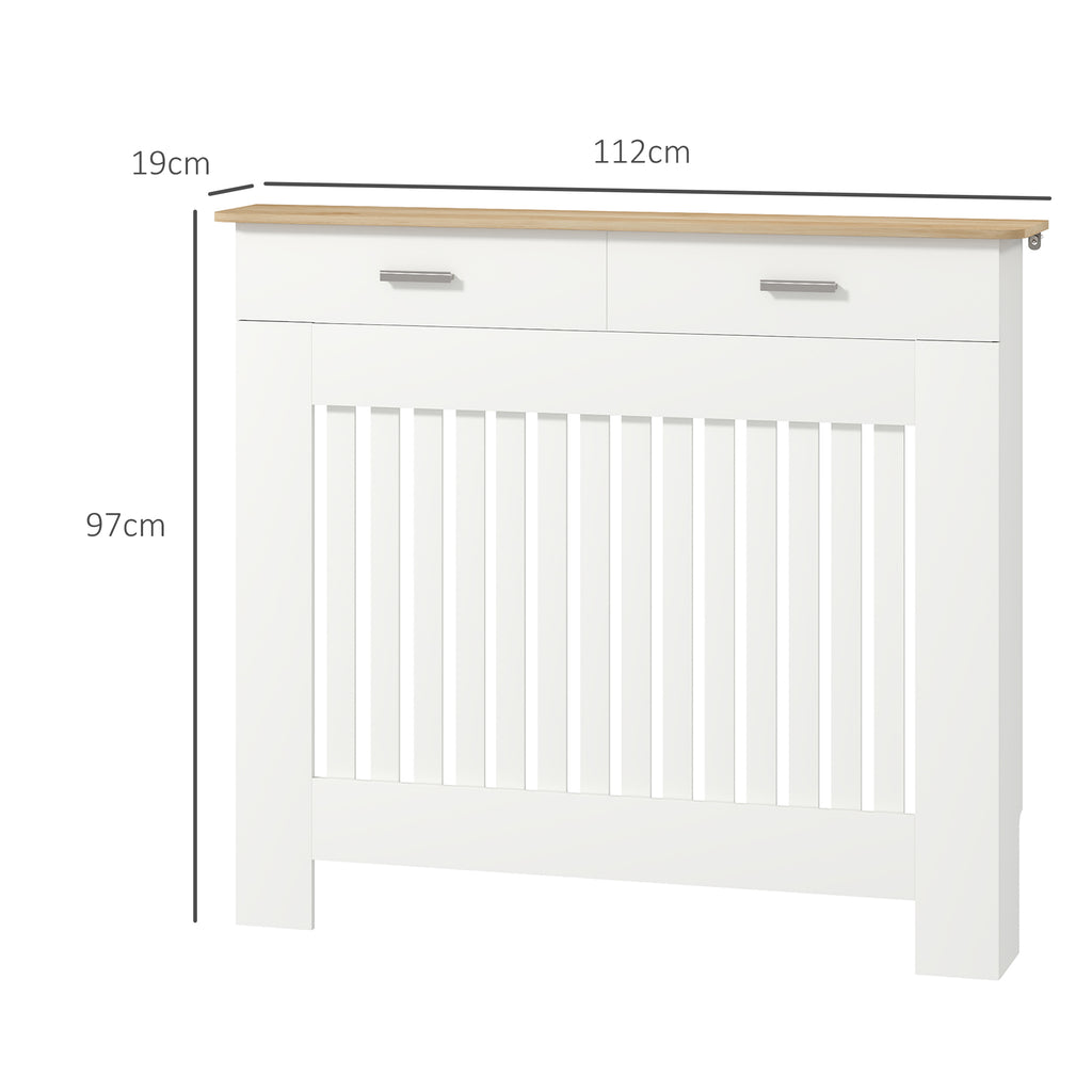 Anti-tipping slatted radiator cover with storage drawer, in wood, 112x19x97 cm, White