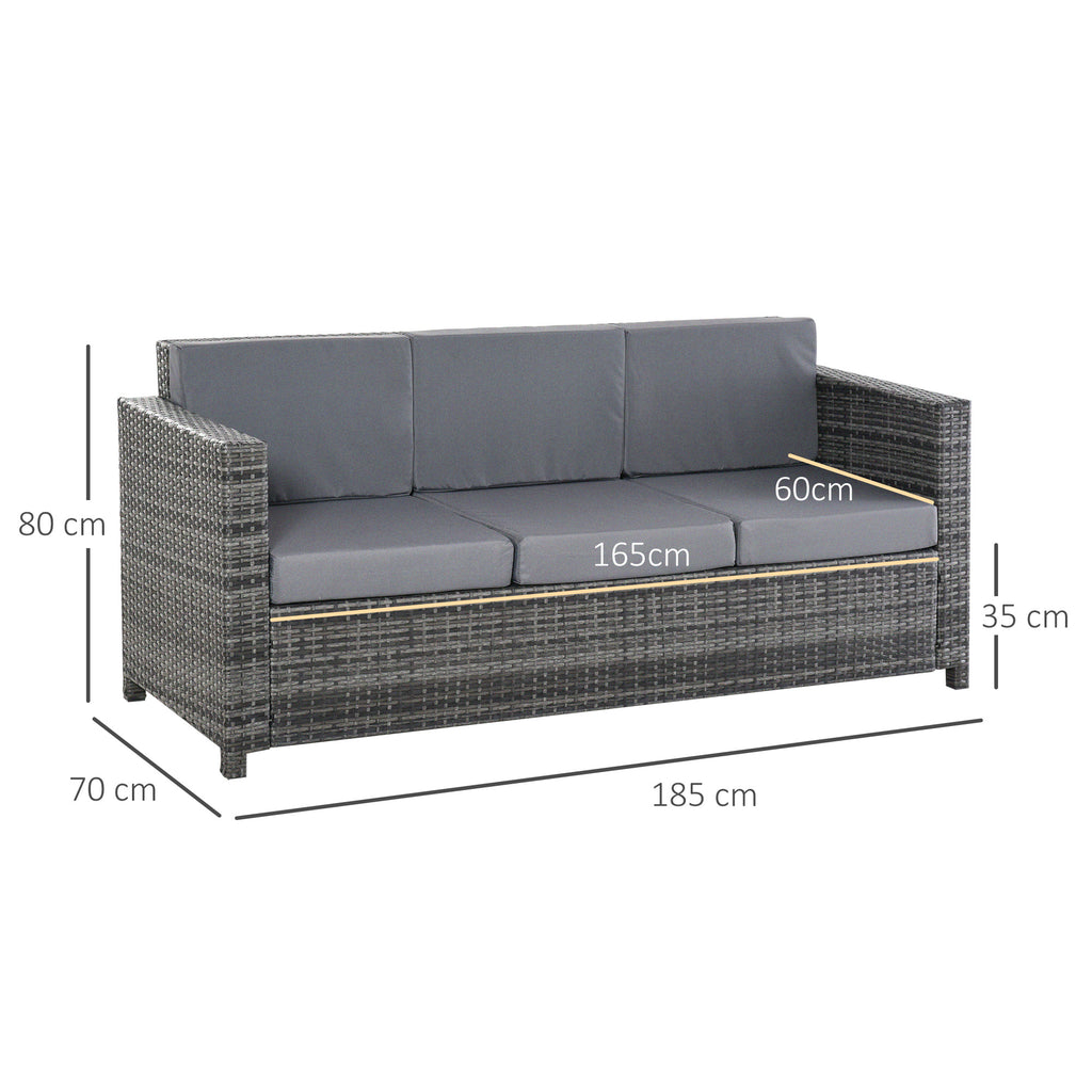Outsunny 3-Seater Outdoor Sofa in PE Rattan and Metal with Seat and Back Cushions, 185x70x80 cm, Grey