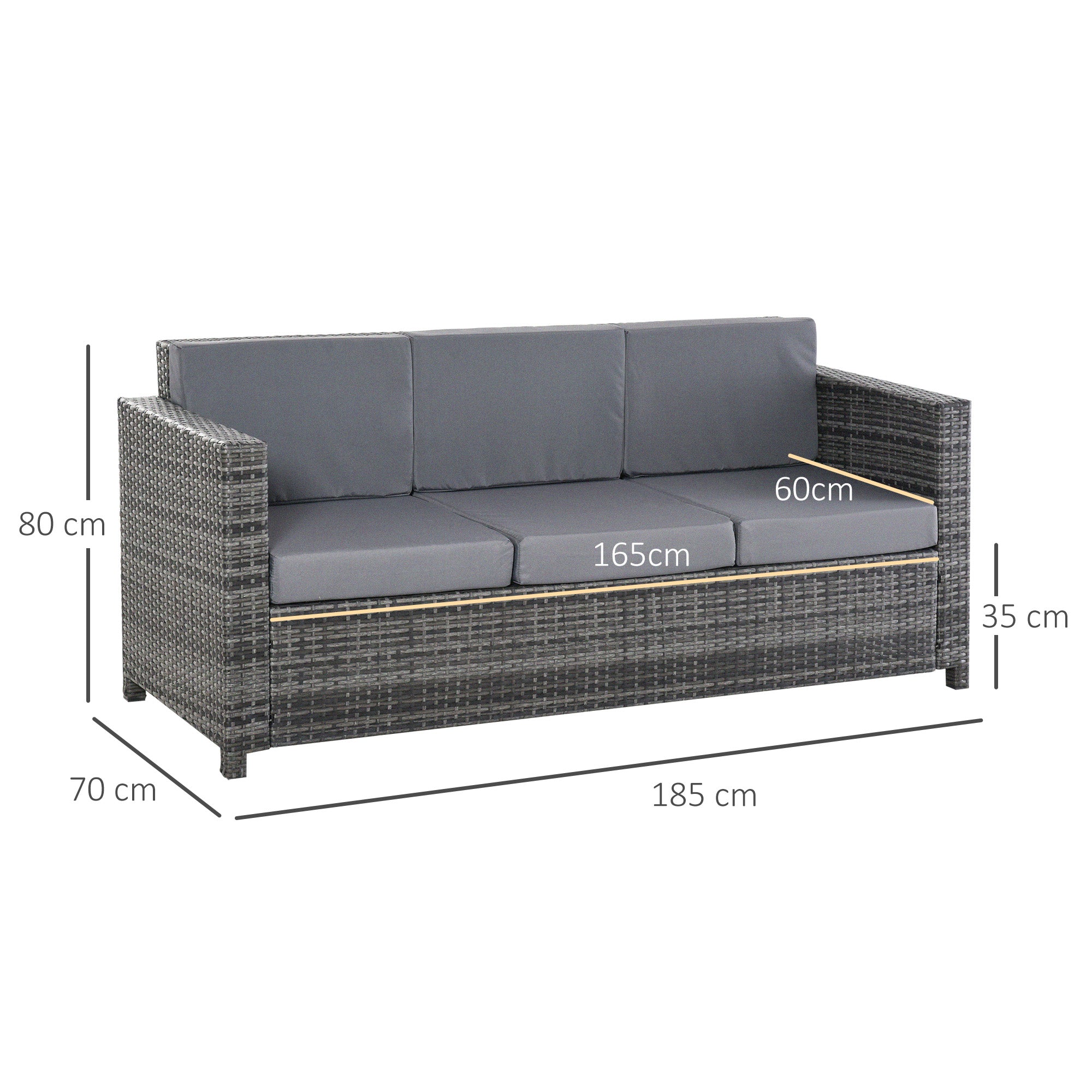 Outsunny 3-Seater Outdoor Sofa in PE Rattan and Metal with Seat and Back Cushions, 185x70x80 cm, Grey