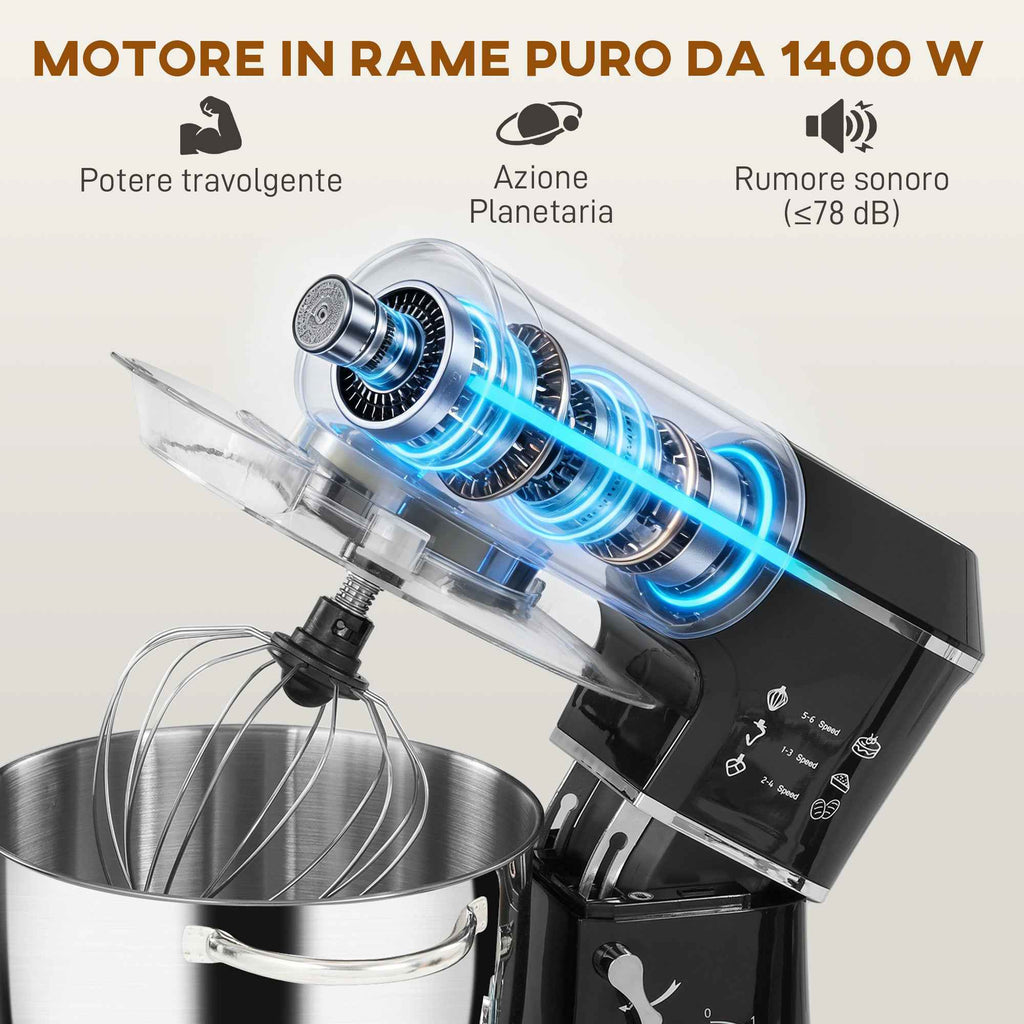 HOMCOM 1400W Stand Mixer with 7L Bowl and 6 Speeds, Dough Hook, Whisk and Beater, Black