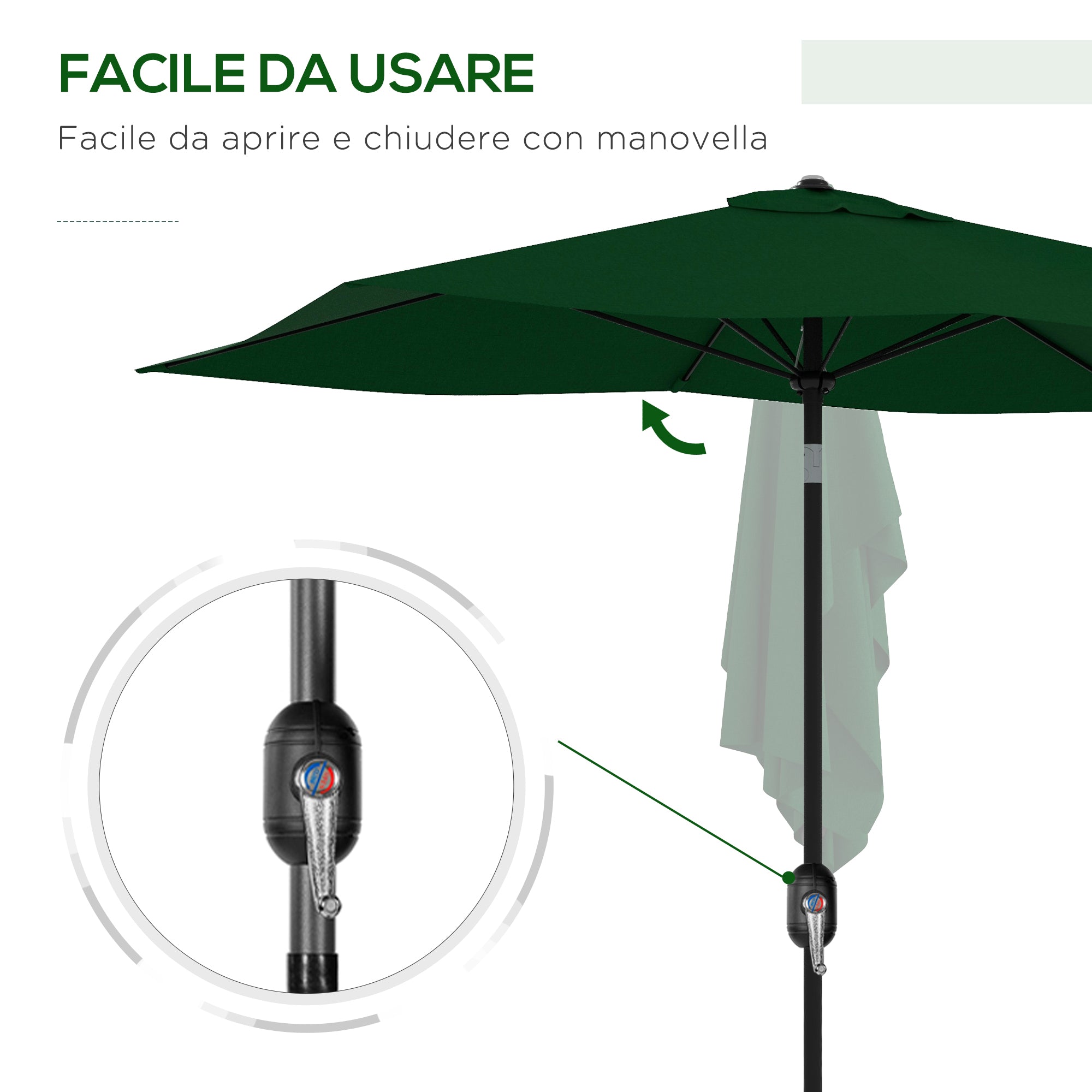 Outsunny 2x3m Rectangular Garden Umbrella with Crank Opening, Green