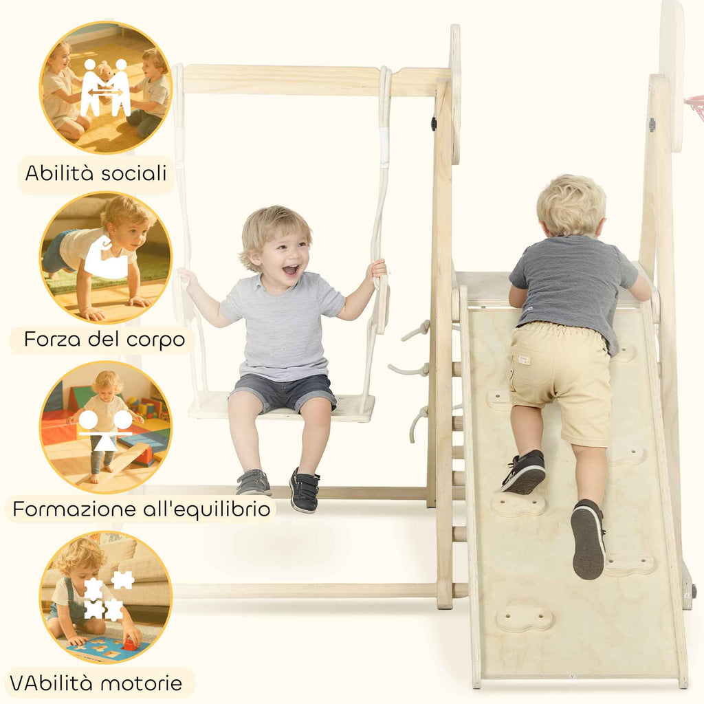 AIYAPLAY 5-in-1 Folding Climbing Game with Slide, 2 Walls, Swing and Basketball Hoop, Wooden, 140x172.5x116.5 cm