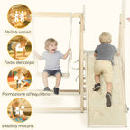 AIYAPLAY 5-in-1 Folding Climbing Game with Slide, 2 Walls, Swing and Basketball Hoop, Wooden, 140x172.5x116.5 cm