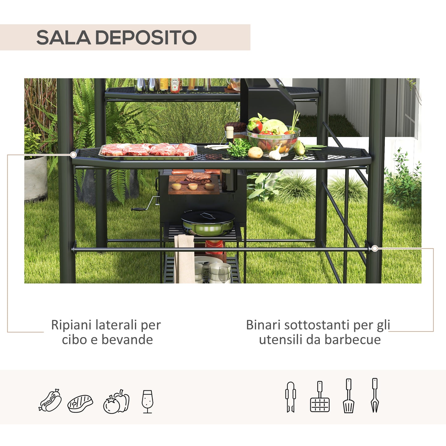 Outsunny Gazebo for Barbecue with Roof and 2 Storage Shelves, in Metal and PC, 240x150x230cm, Dark Gray - Borgè