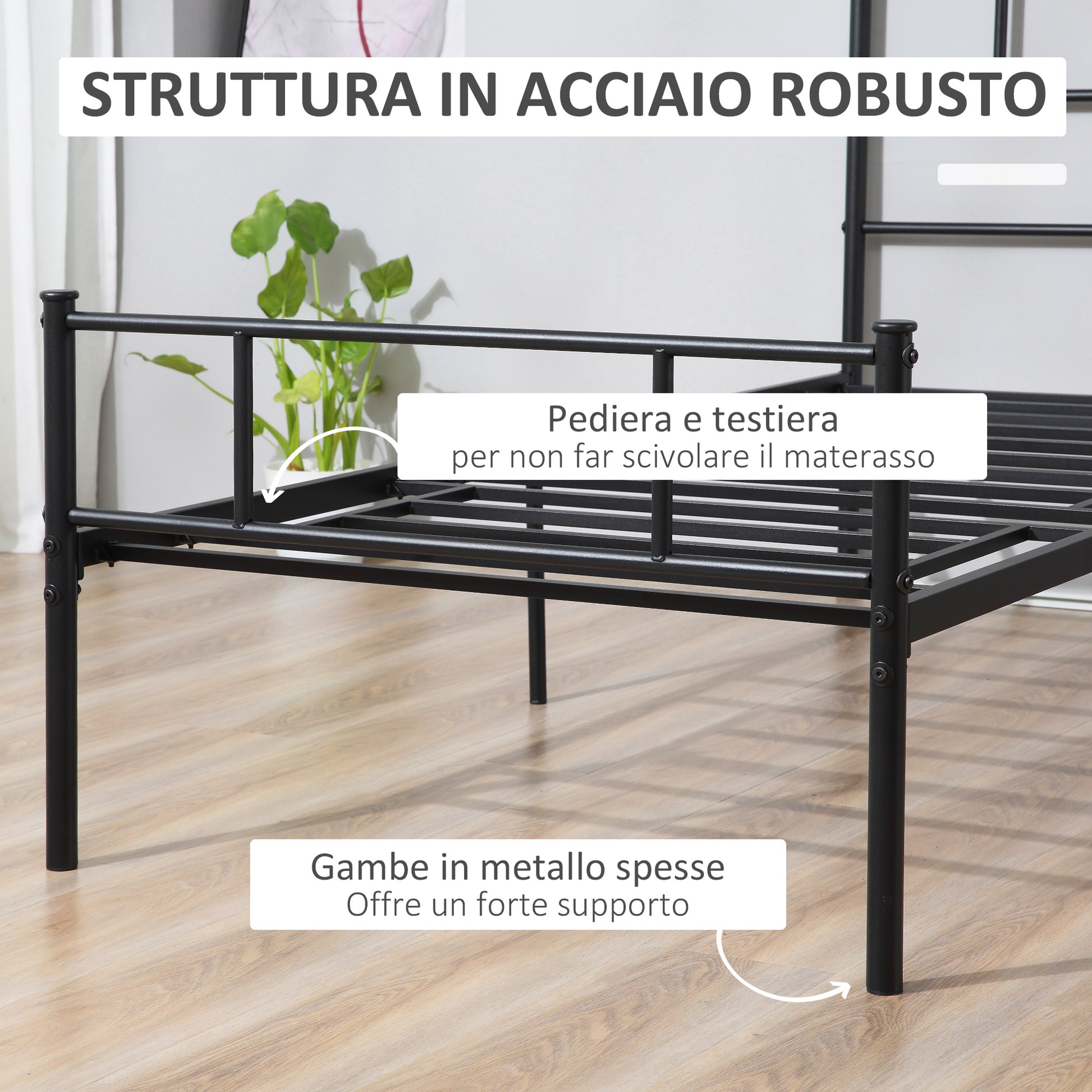 Single Steel Bed Frame 90x200cm with Slats, Headboard and Footboard, Black - Borgè