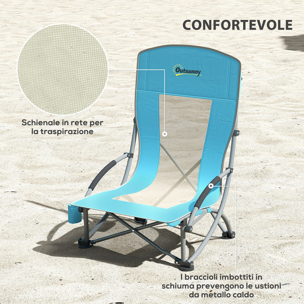 Set of 2 Folding Beach Chairs with Armrests, Cup Holder and Carrying Bag, Blue