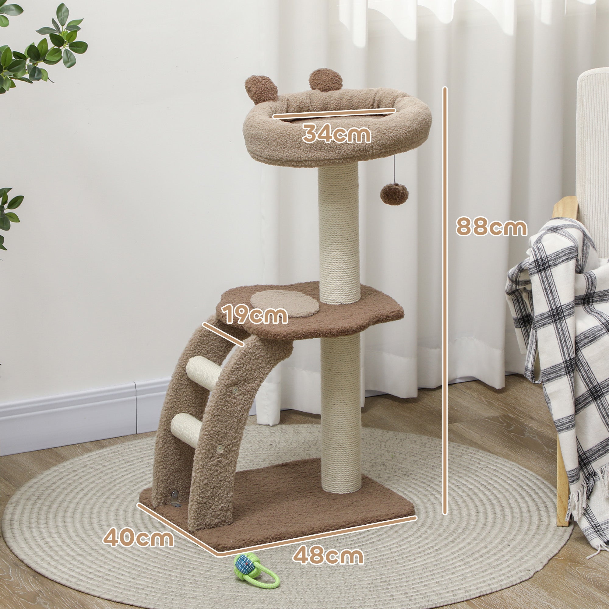 3-Tier Cat Tree with Top Perch and Toy Ball, 48x40x88 cm, White and Brown