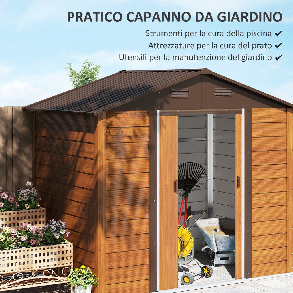 Wood Effect Steel Garden Shed with Double Sliding Doors, 236x196x208 cm, Brown
