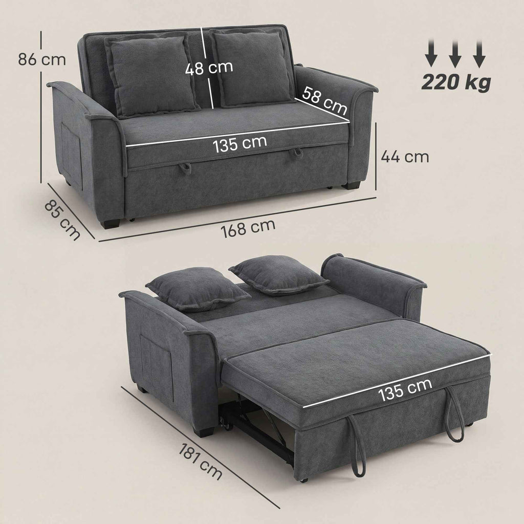 HOMCOM 3-in-1 2-Seater Sofa Bed with 3-Position Adjustable Backrest and 2 Cushions, Chenille, Dark Grey