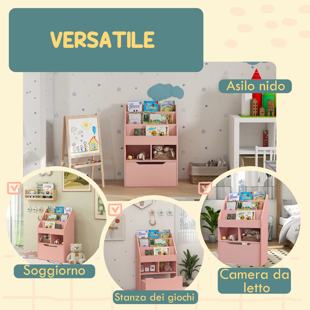 Small Children's Bookcase with MDF Shelves and Drawer, 60x29.9x90cm, Pink