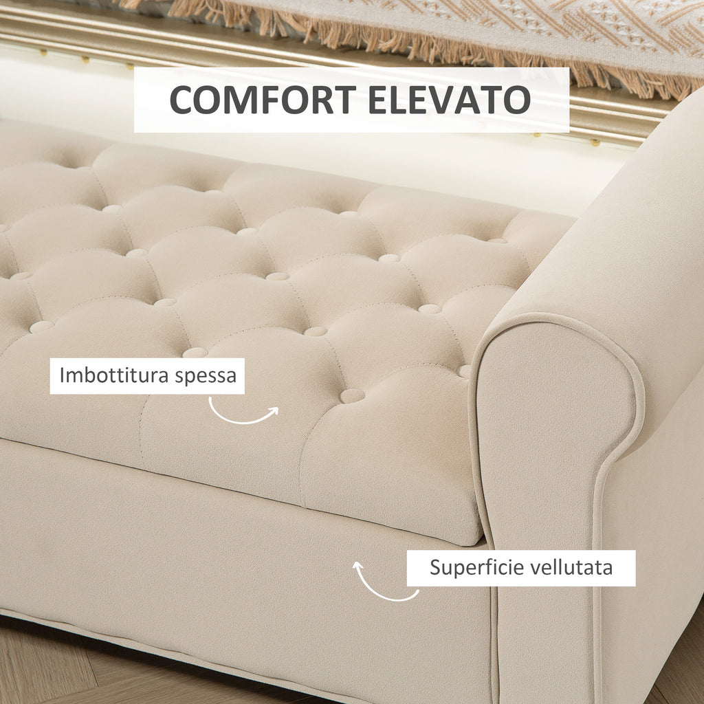 Velvet Fabric Bed End Bench with Storage Space and Armrests, 126x48.5x57 cm, Beige