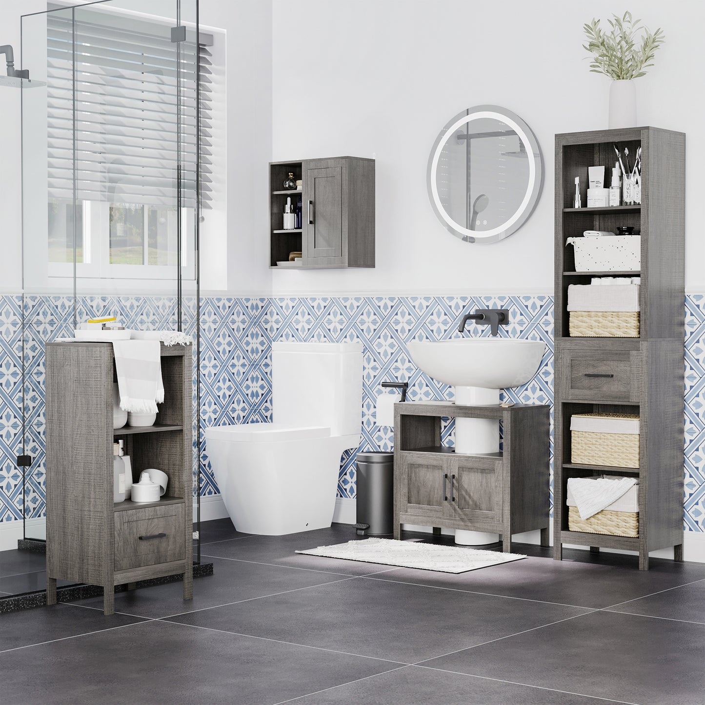 kleankin Bathroom Wall Unit with 3 Open Shelves and Chipboard Cabinet, 48x20x50cm, Gray