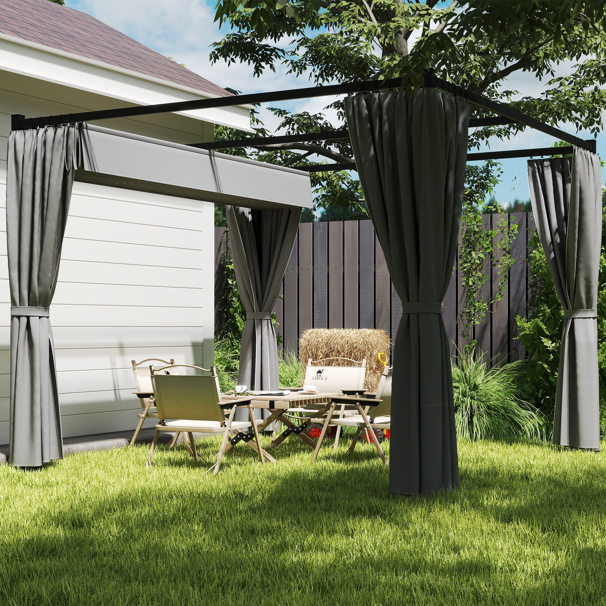 Outsunny Garden Pergola with Retractable Roof and Awnings, Metal and Polyester, 300x300x227 cm, Light Grey