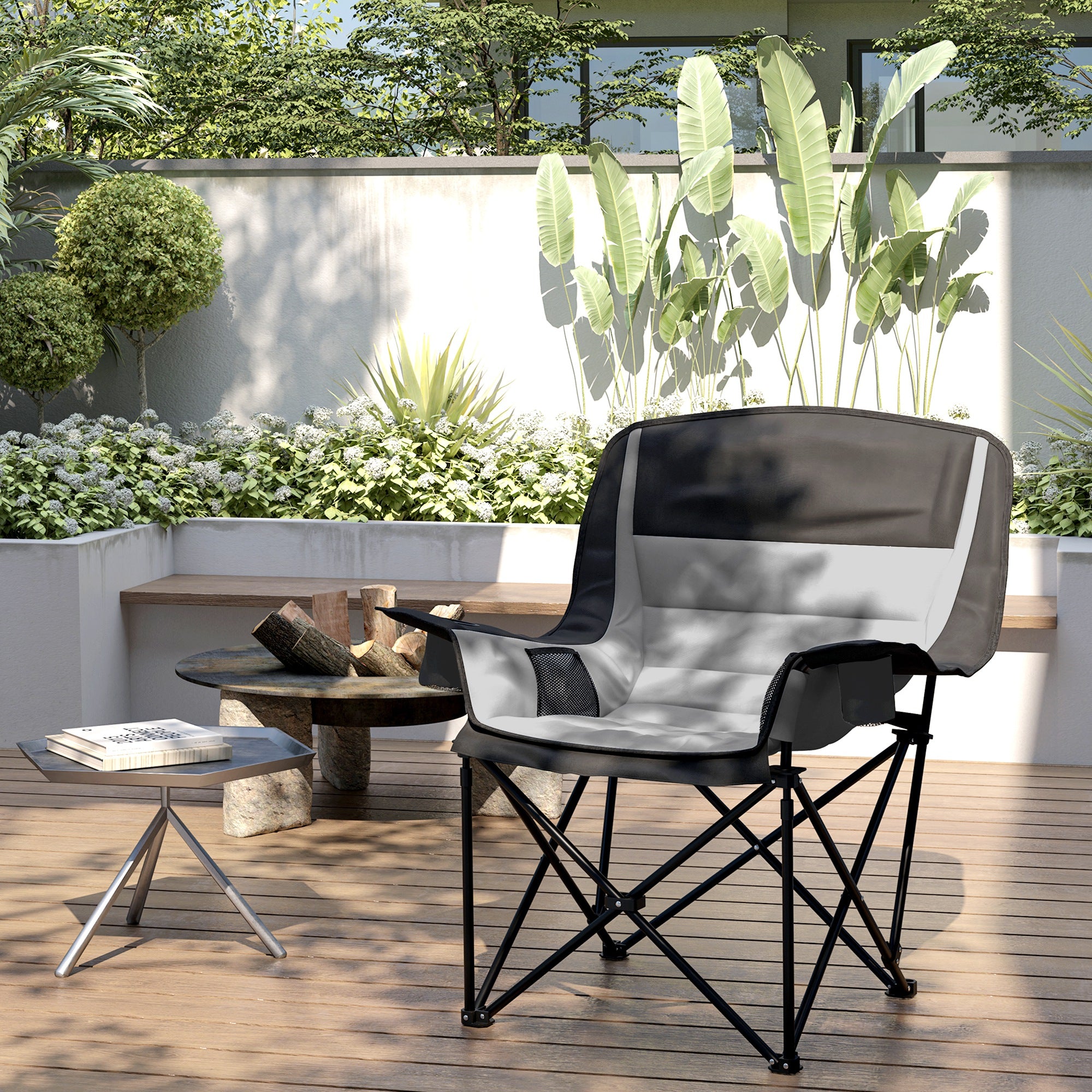 Folding Camping Chair with 2 Cup Holders and Side Pockets, 99x71x103 cm, Gray and Black