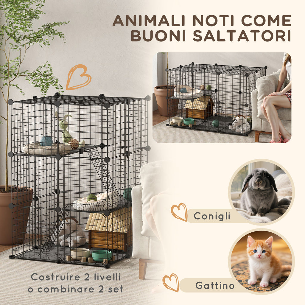 Modular Rabbit and Guinea Pig Cage with 3 Doors and Steel Wire, Black