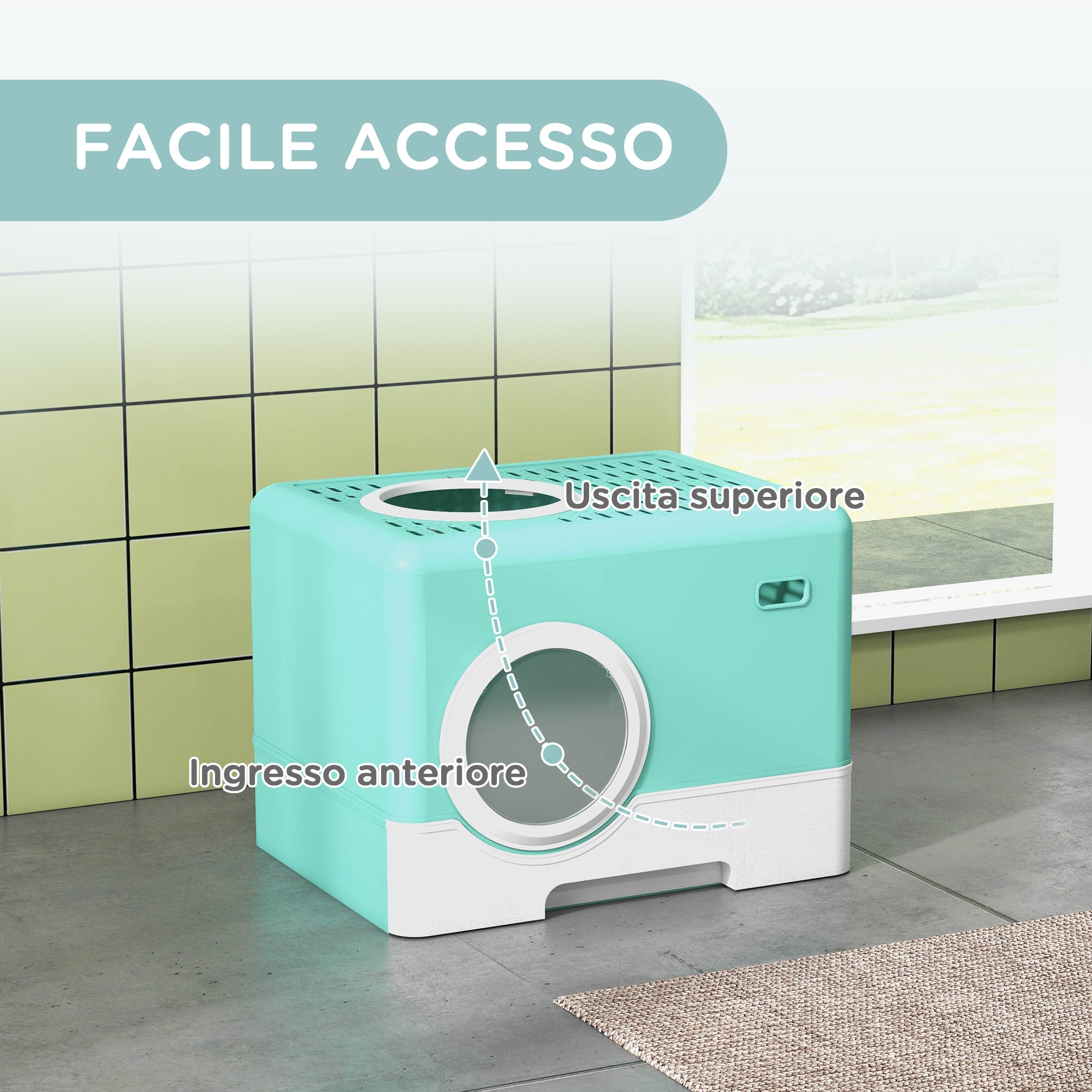 Cat Litter Box with Lid and Scoop, Double Entrance and Removable Tray, 52x41x38.5 cm, Green