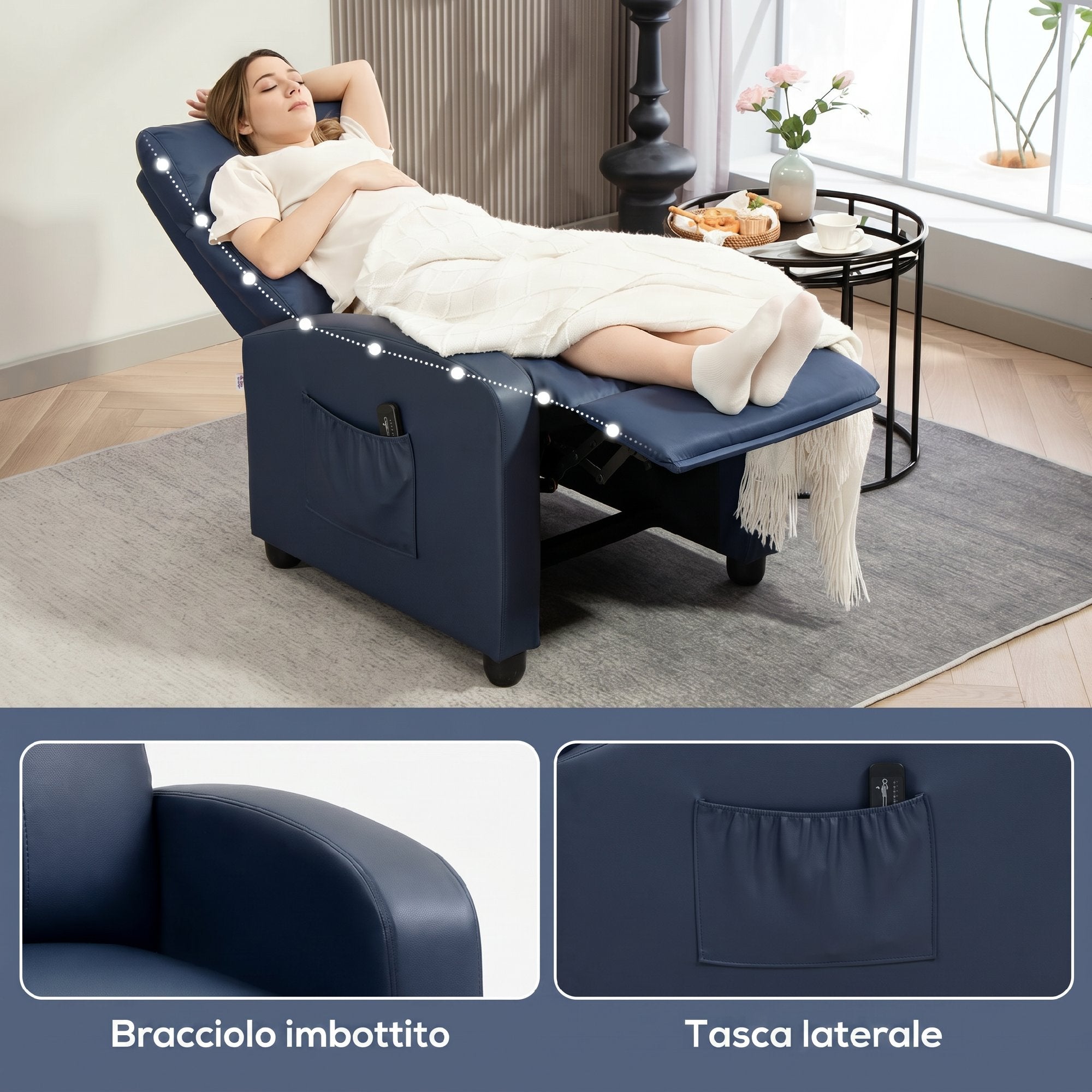 HOMCOM PU Leather Massage Recliner Chair with Remote Control and Footrest, 68x88x98 cm, Dark Blue