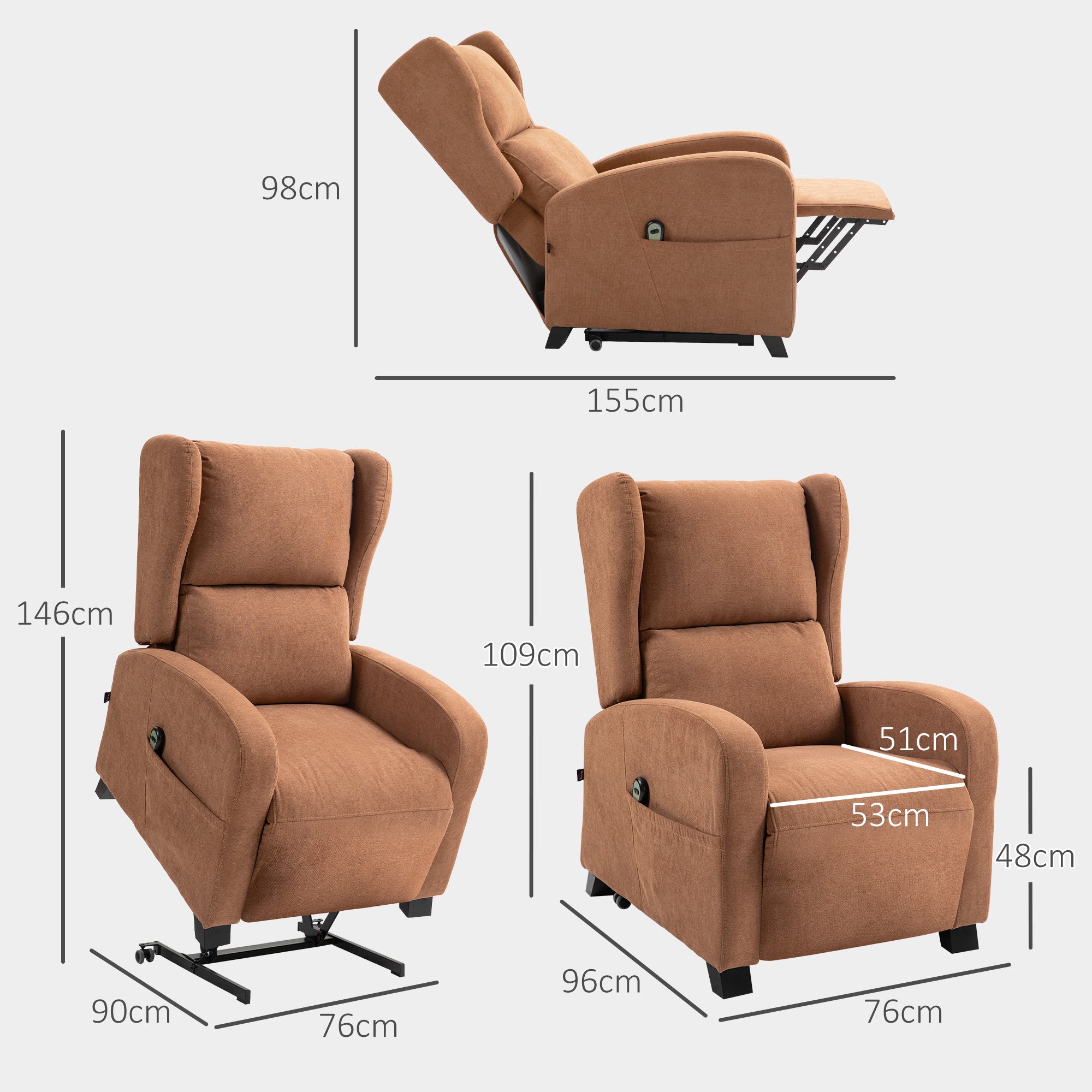 Velvet Lift Relax Chair with 160° Reclining Backrest with Remote Control, Dark Brown