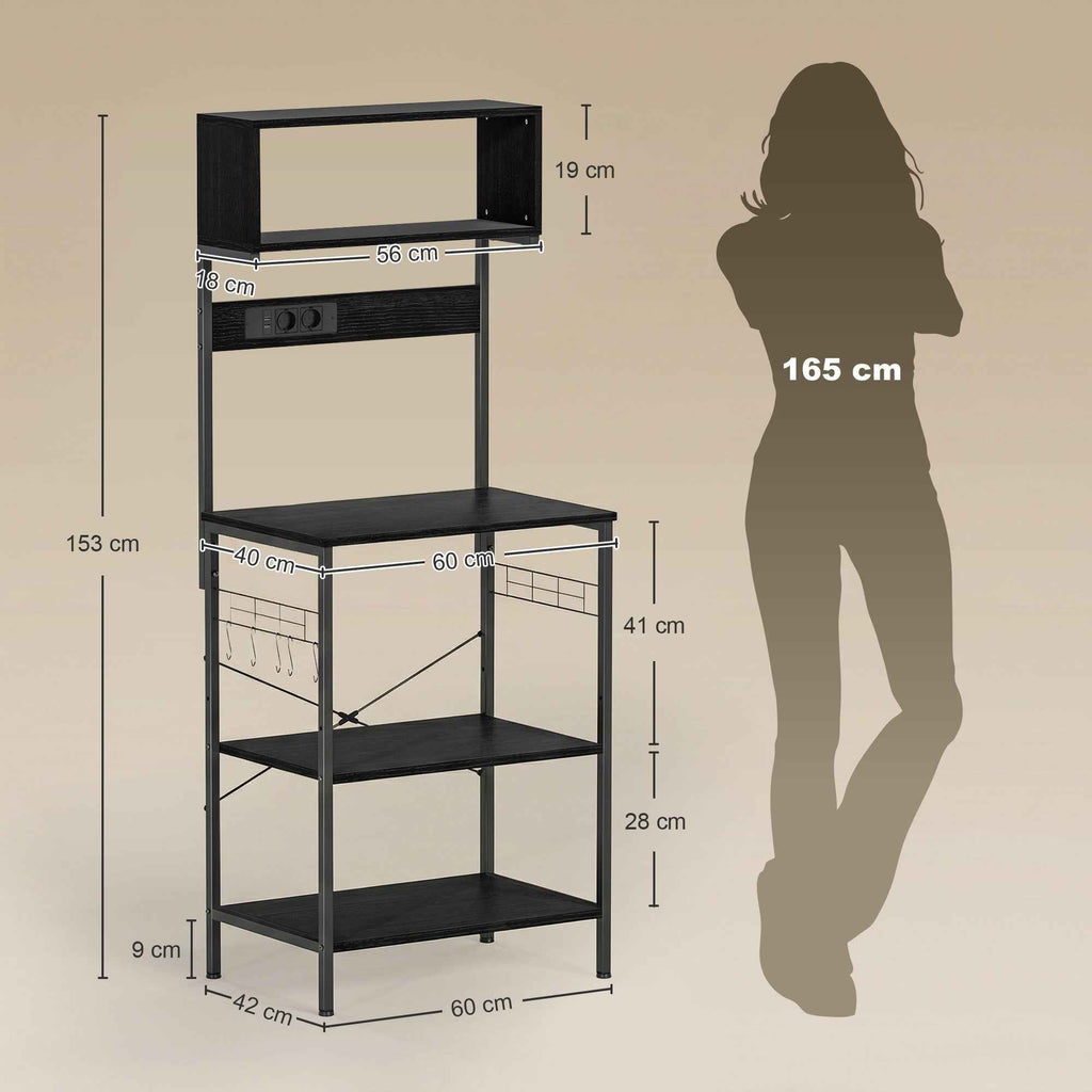 HOMCOM Industrial Kitchen Shelf with Microwave Socket, Shelves and Hooks, Wood and Steel, Black