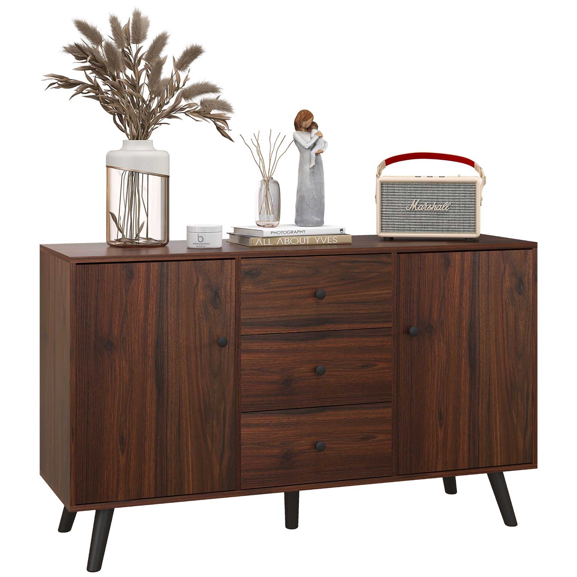 Modern Sideboard in Wood and Chipboard with 2 Cabinets and 3 Drawers, 127x40x76 cm, Brown and Black