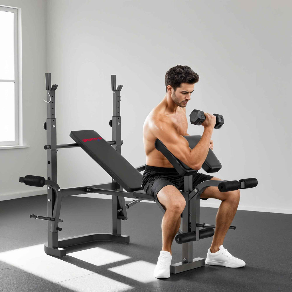 SPORTNOW Adjustable Multifunction Gym Bench with Barbell Rack with Leg Extension, Low Row, Arm Curl, Black