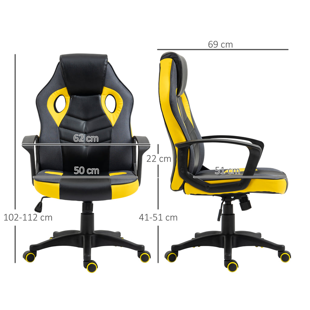 Ergonomic Gaming Chair, Swivel Office Chair with Wheels in Black and Yellow Faux Leather, Adjustable Height