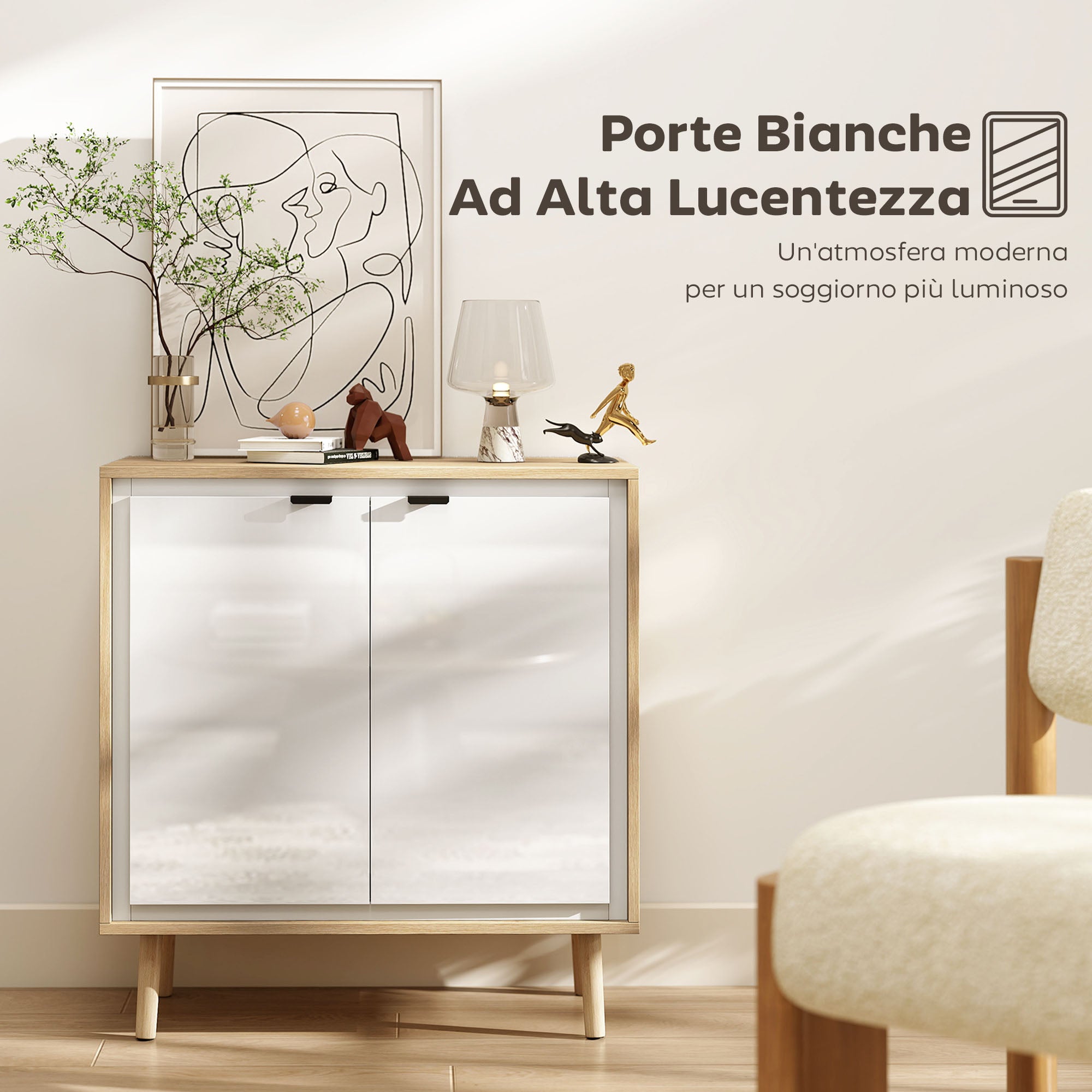 Modern 2-Door Sideboard with Adjustable Shelf, 72x35x77 cm, Gloss White and Oak