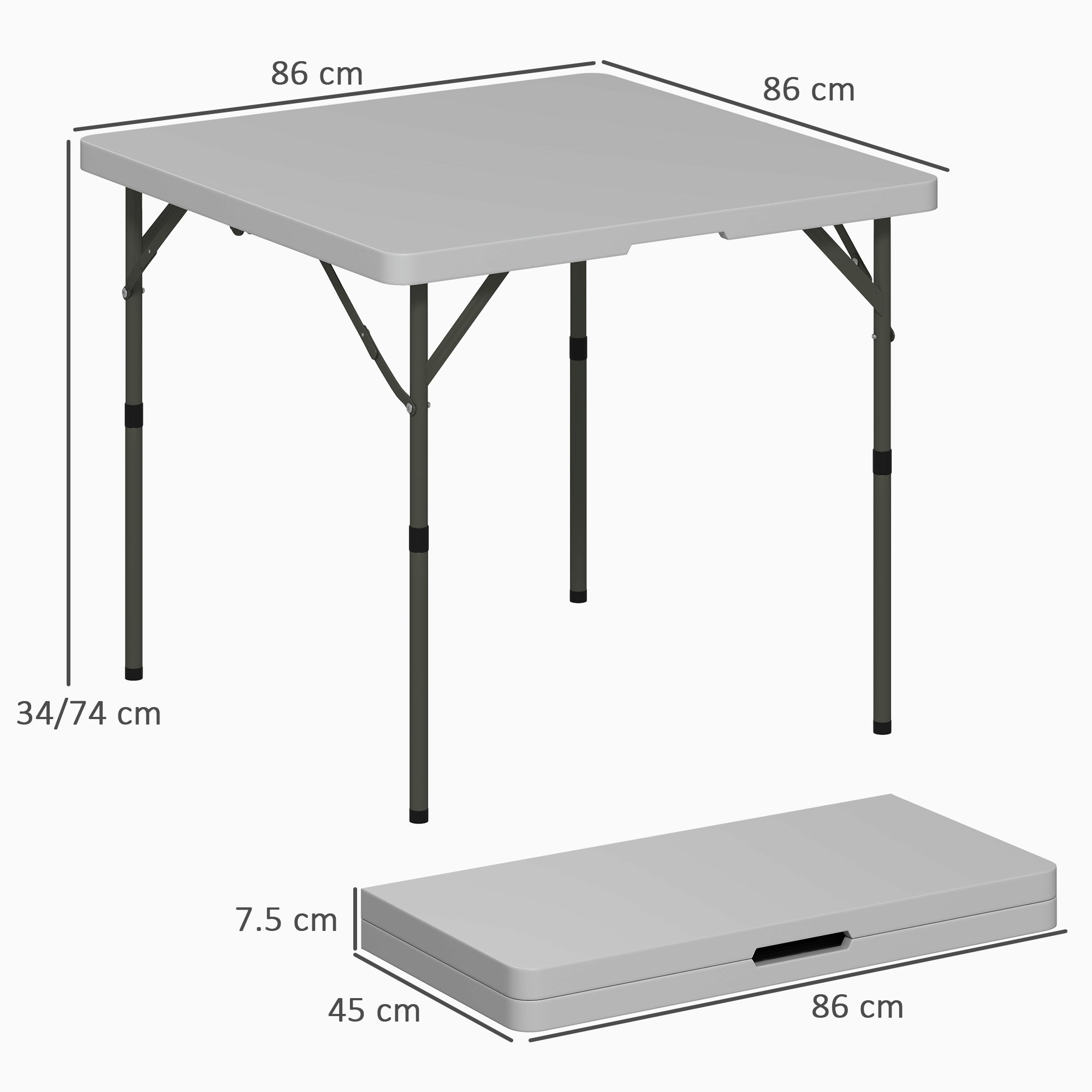 Outsunny Folding Camping Table, Adjustable to 2 Heights, in HDPE and Metal, 86x86x74 cm, White