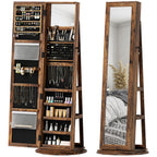 360° Swivel Floor-Standing Jewelry Mirror with Shelves and Key Lock, 55x55x161 cm, Rustic Brown
