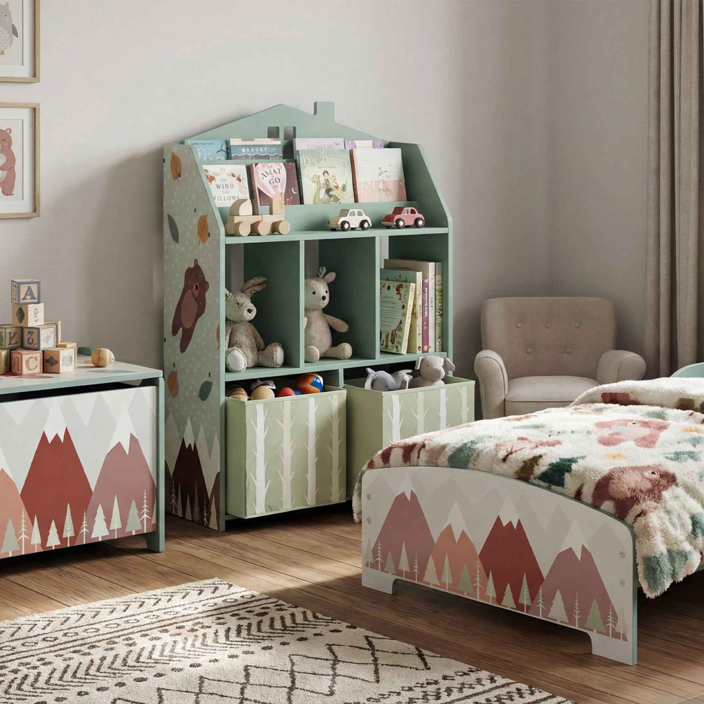 AIYAPLAY Children's Toy Storage Shelf in FSC Wood, 2 Removable Fabric Bins and Shelves, for Children's Bedroom, Green