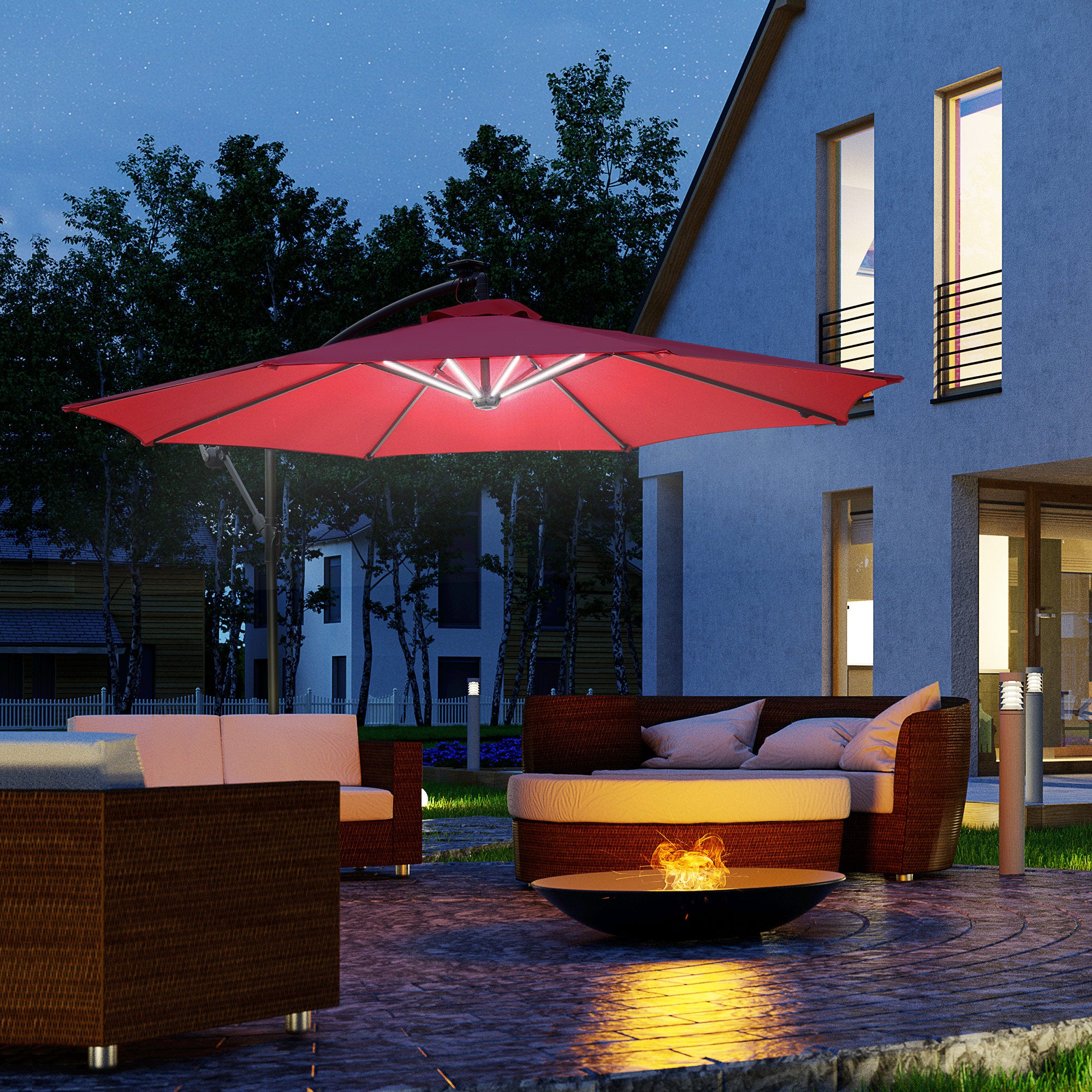 3x2.4m Garden Umbrella with Crank and 8 Solar-Powered LED Strips, Dark Red