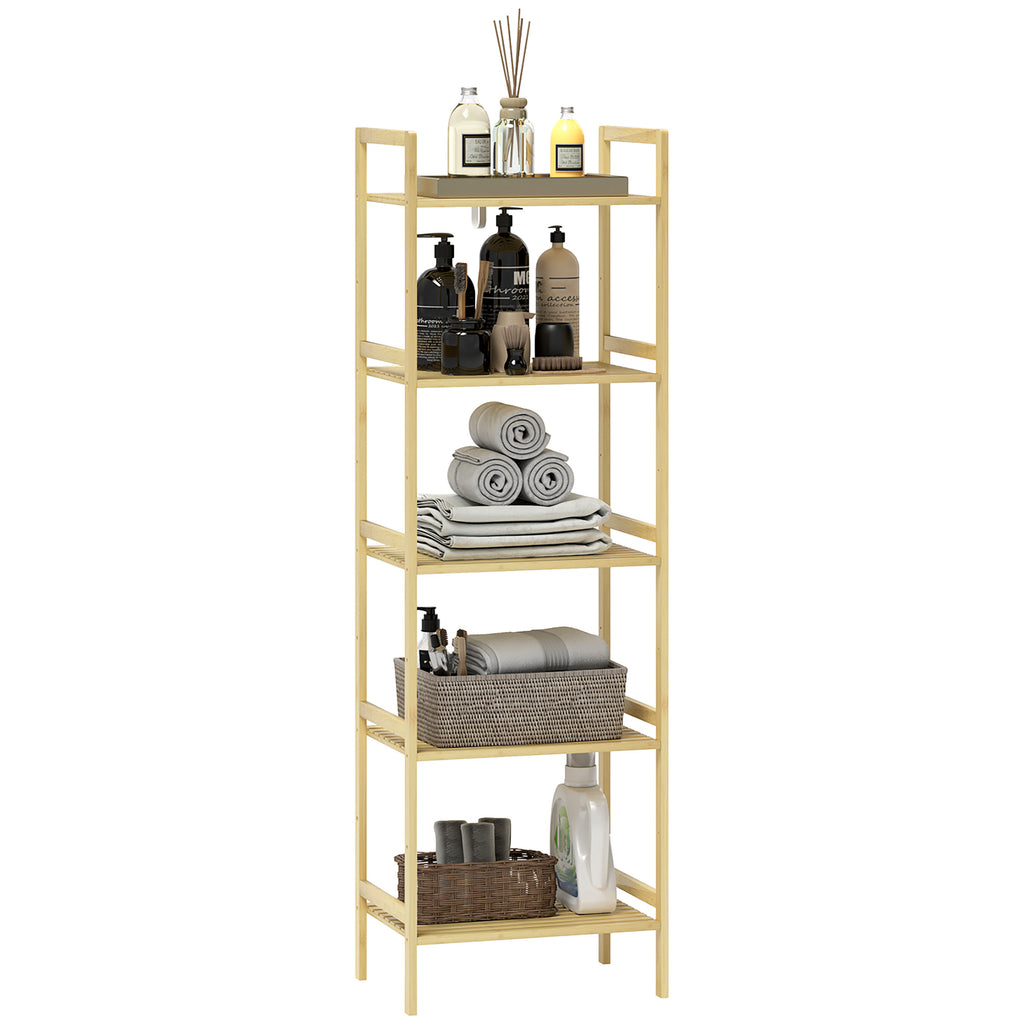 Bathroom Shelf with 5 Height-Adjustable Shelves in Bamboo, 43.5x31.5x142 cm, Natural Wood
