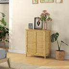 Boho Style Sideboard in Rattan and Bamboo with 2 Doors and Internal Shelf, 60x27x67.5cm, Wood Color