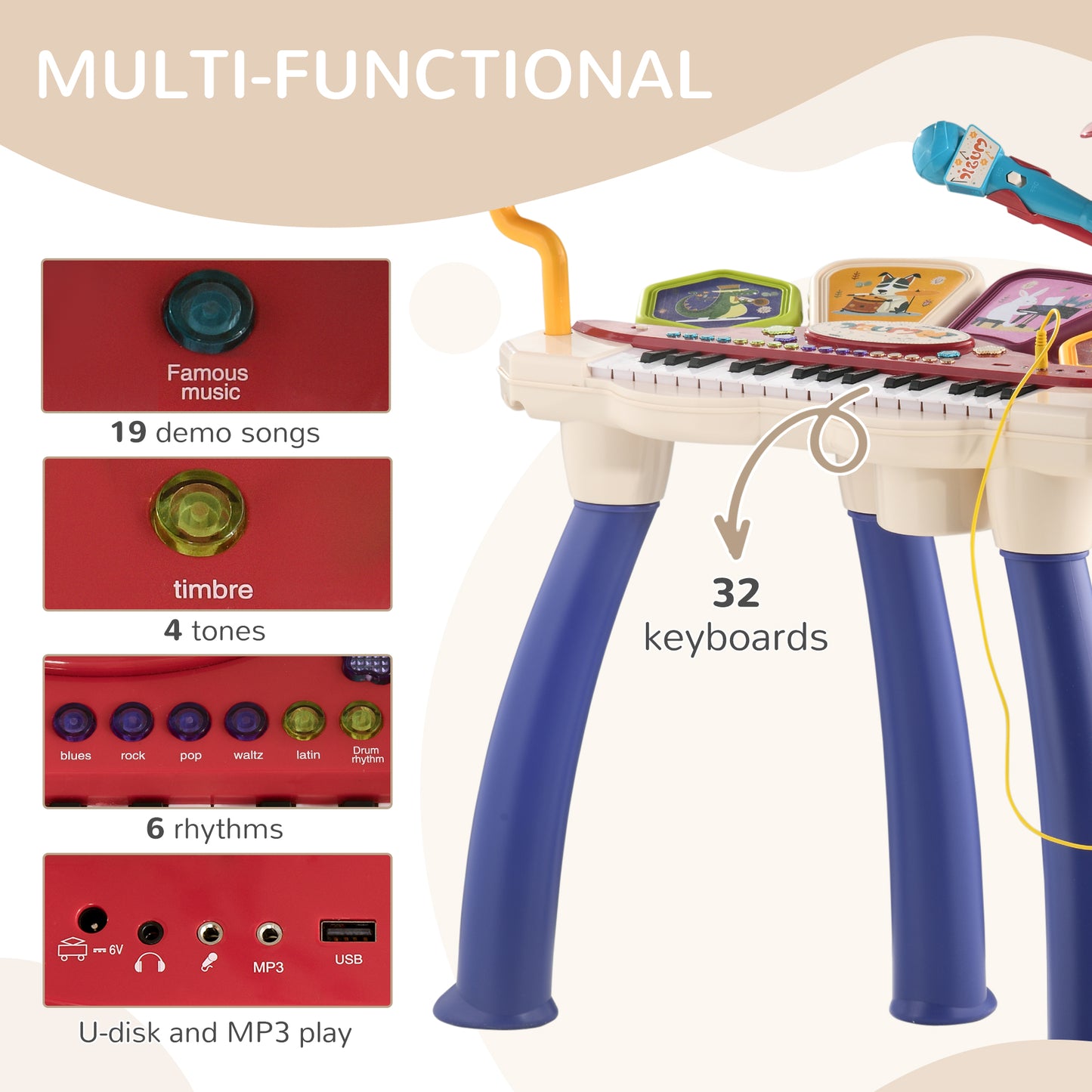 Piano for Children 3-6 Years with Stool, Microphone, Drum and Drumsticks, in PP and ABS, 74x32.2x71 cm