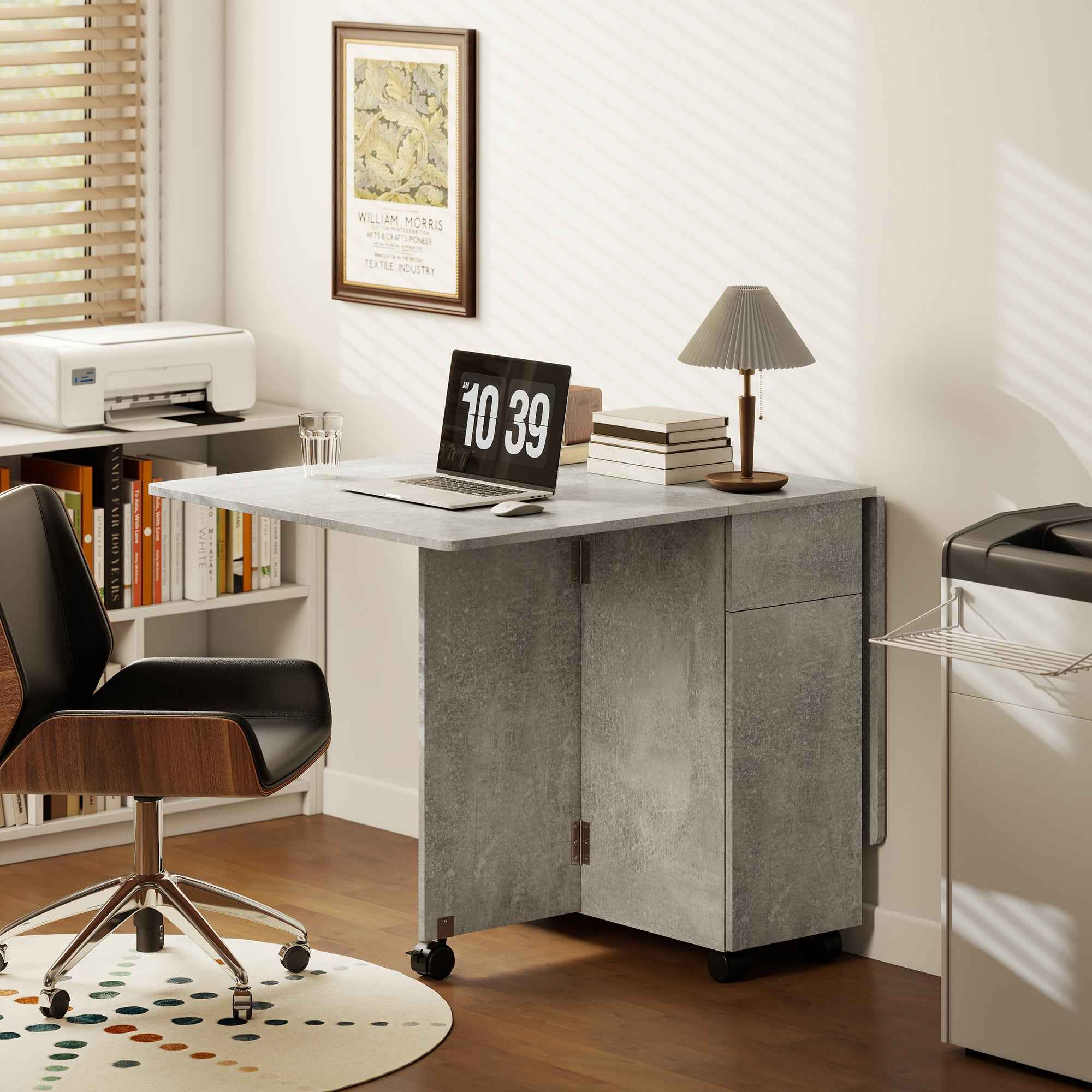 HOMCOM Folding Dining Table on Wheels with 2 Drawers, 2 Doors and Cabinet, Wooden, 140x76x74 cm, Cement Grey
