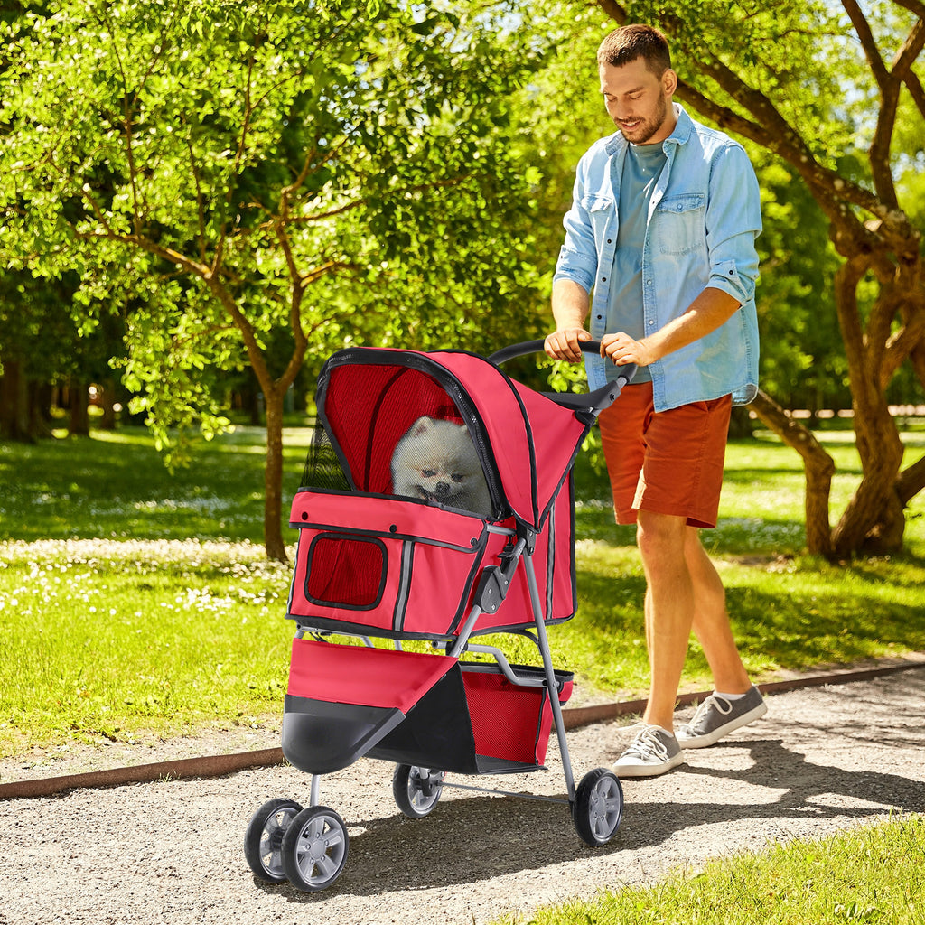 Folding Dog Stroller for Small Dogs, Dog Pushchair with Braked Wheels, Cup Holder, Storage Basket and Removable and Washable Padding, for Pets up to 10 kg, Red